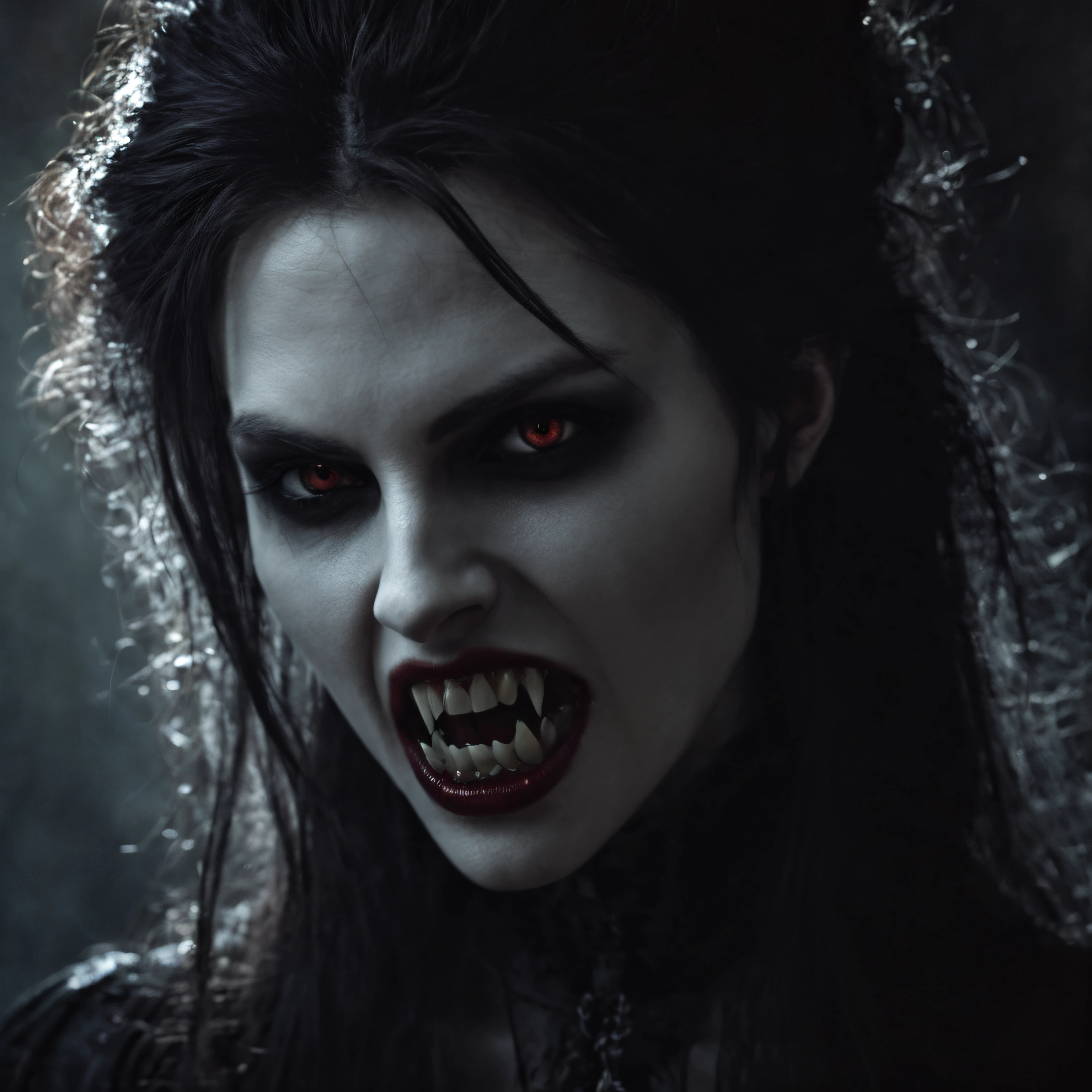 Dark Fantasy Art of Diffused Light fill light
 a vampire woman with vampire's fangs teeth with a creepy face and a creepy hair vampire style
 dark, moody, dark fantasy style