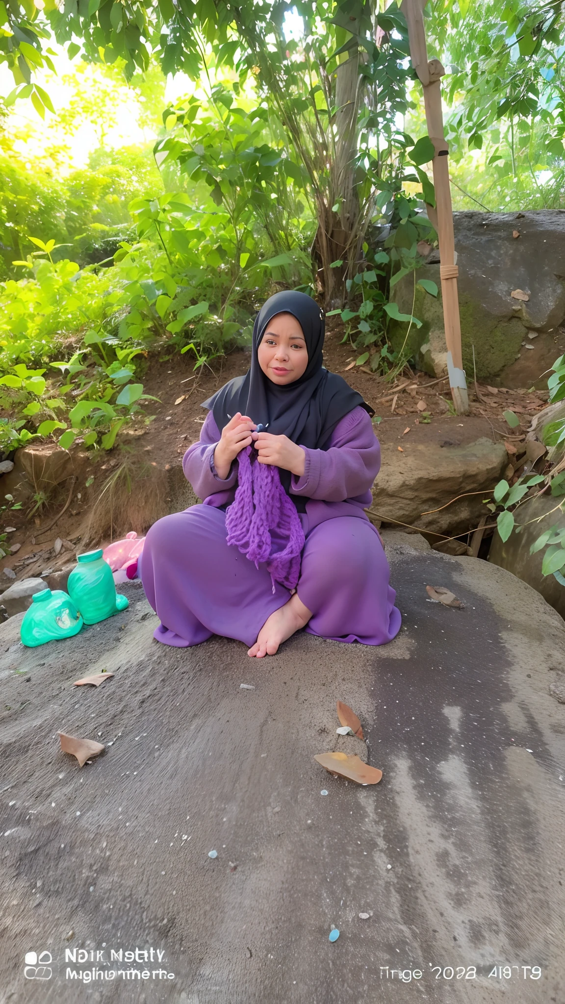 woman sitting on a rock knitting a purple scarf, wearing black hijab, in harmony with nature, at sunrise, potrait, chilling, in garden, during dawn, sitting on a rock,high res,masterpiece 4k,disney pixar style