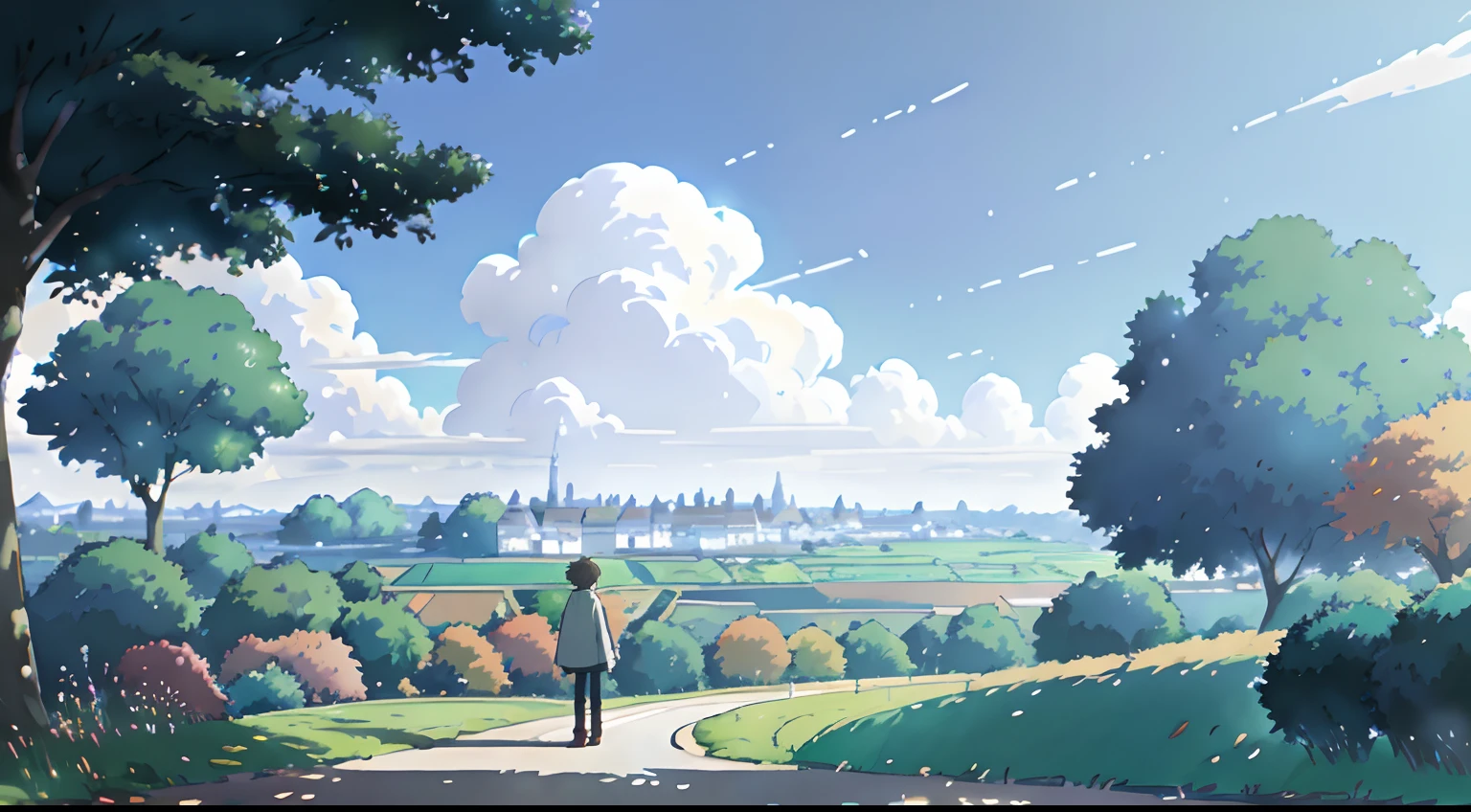 paysage, automne, (ciel gris: 1.5), (temps pluvieux : 1.5), aucun humain, Le meilleur des meilleurs, feuilles d’oranger, couleurs de l'automne, Feuilles qui tombent, Arrière-plan paysager, ombres, contraste, Makoto Shinkai (Meilleure qualité:1.3), (Haute résolution:1) Art par Studio Ghibli Style, impressionnisme, couleurs vibrante