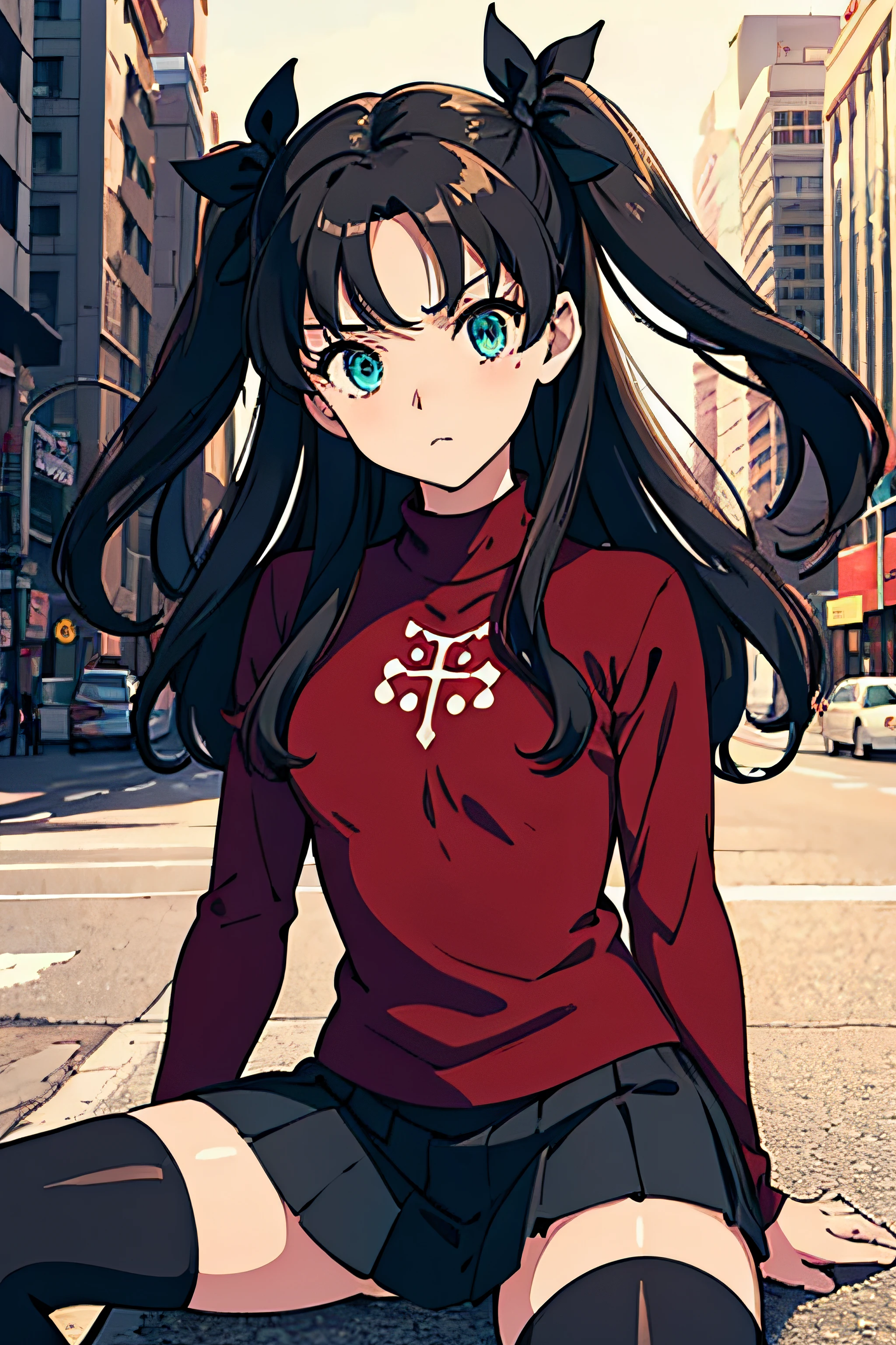 (masterpiece), best quality, expressive eyes, perfect face, 1girl, solo, rintohsaka, rin tohsaka, aqua eyes, black hair, hair ribbon, long hair, ribbon, sidelocks, two side up, black skirt, black thighhighs, long sleeves, miniskirt, pleated skirt, ((red sweater)), skirt, sweater, thighhighs, turtleneck, city background, sitting, character sheet, upper body, portrait, looking at viewer