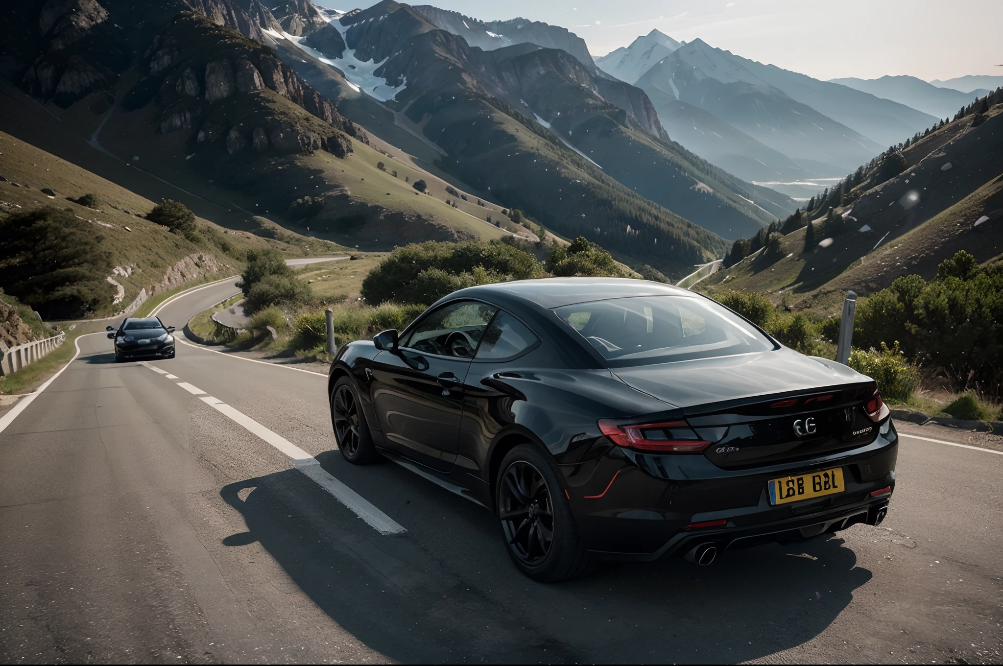 "Describe a black sports car ascending a steep and winding mountain pass. This sleek and powerful car exudes an aura of speed and performance as it conquers the challenging terrain. The engine roars with raw power, echoing off the rugged cliffs, as the car effortlessly maneuvers the hairpin turns. The glossy black finish of the vehicle gleams in the sunlight, accentuating its aggressive and sporty design. The driver, fully immersed in the driving experience, can feel the G-forces as the car hugs the curves, and the adrenaline rush is palpable. As the car ascends the mountain, the scenery becomes more breathtaking with each turn, offering panoramic views of the surrounding landscape. This black sports car is the embodiment of both style and performance, and it dominates the mountain pass with confidence and precision."