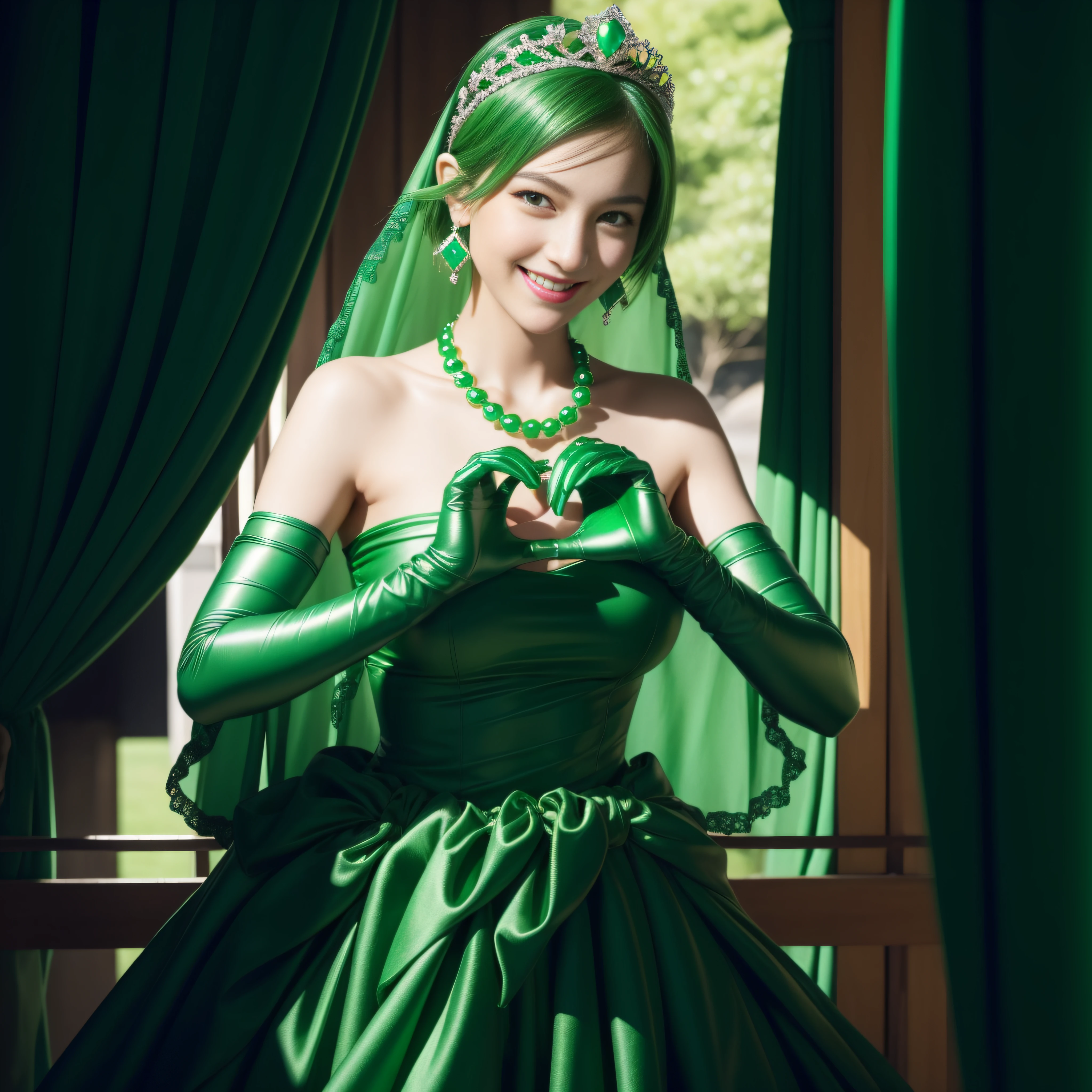 emerald tiara, Green Pearl Necklace, Boyish very short green hair, lipsticks, Japan woman smiling, very short short hair, big breasts beautiful, Green eyes, Long green gloves made of satin material, Green eyes, Emerald Earrings, green vale, Heart with both hands