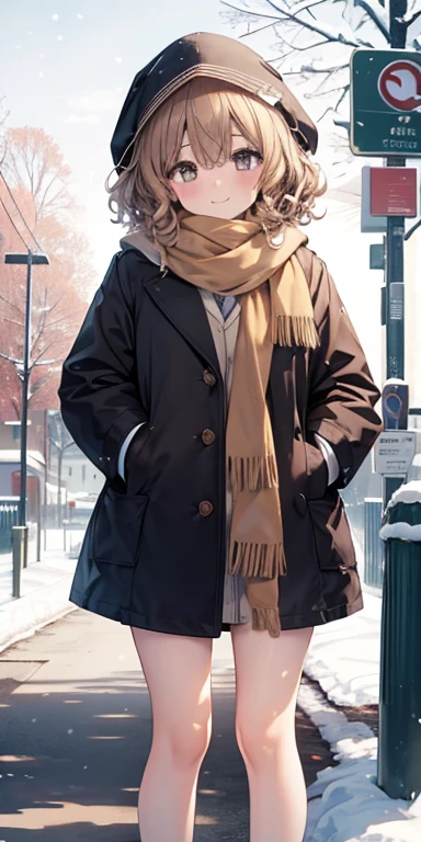 (masterpiece),(best quality), Yuki, brown fur, scarf, legs, Thick knee thighs, flat shoues, flats, curly hair, blank eyes, smiling face, park, bus stop, standing, snow, Snowing, tree, Nature,