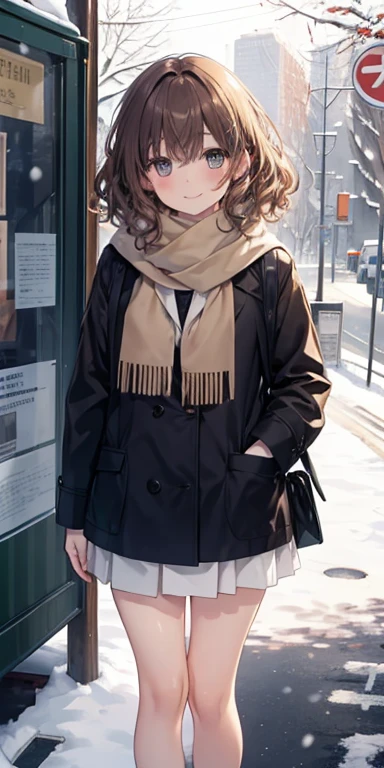 (masterpiece),(best quality), Yuki, brown fur, scarf, legs, Thick knee thighs, flat shoues, flats, curly hair, blank eyes, smiling face, park, bus stop, standing, snow, Snowing, tree, Nature,