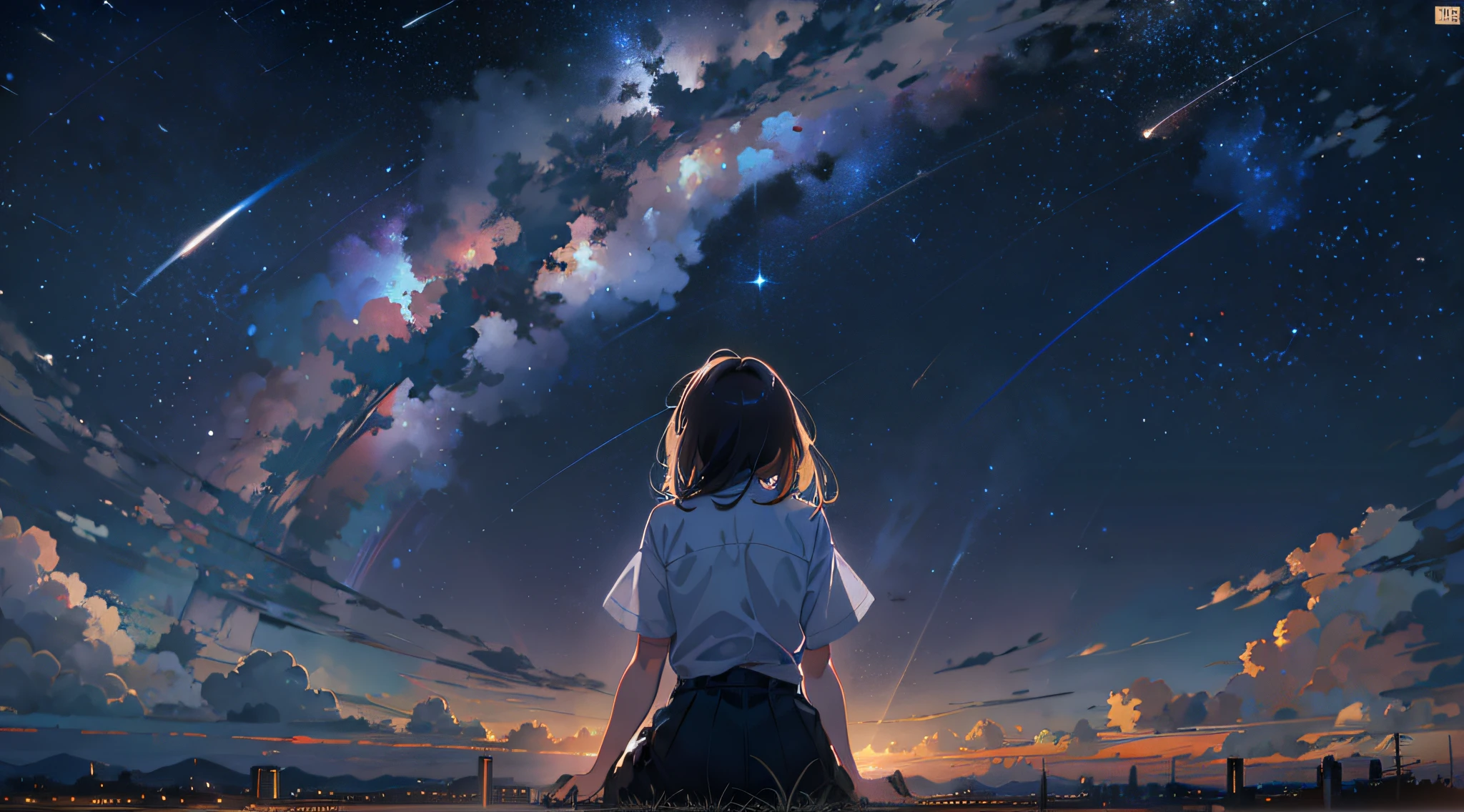 Vast landscape photos, a girl standing gazing at a faraway cityscape, looking up at the sky, shooting stars, fireflies, dreams, makoto shinkai cyril rolando, cosmic skies. by makoto shinkai, 4k anime wallpaper, anime wallpaper 4k, anime wallpaper 4 k, anime art wallpaper 4 k, anime art wallpaper 4k, sitting on the cosmic cloudscape, anime art wallpaper 8 k, hands on lap