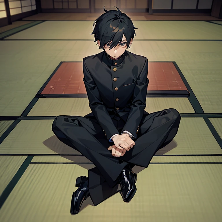 (1 Boy),Black Gakuran, black slacks, black hair, short hair, (background is Japanese tatami room), sitting cross-legged, arms behind back, hands behind back, full body, top quality, masterpiece, high quality