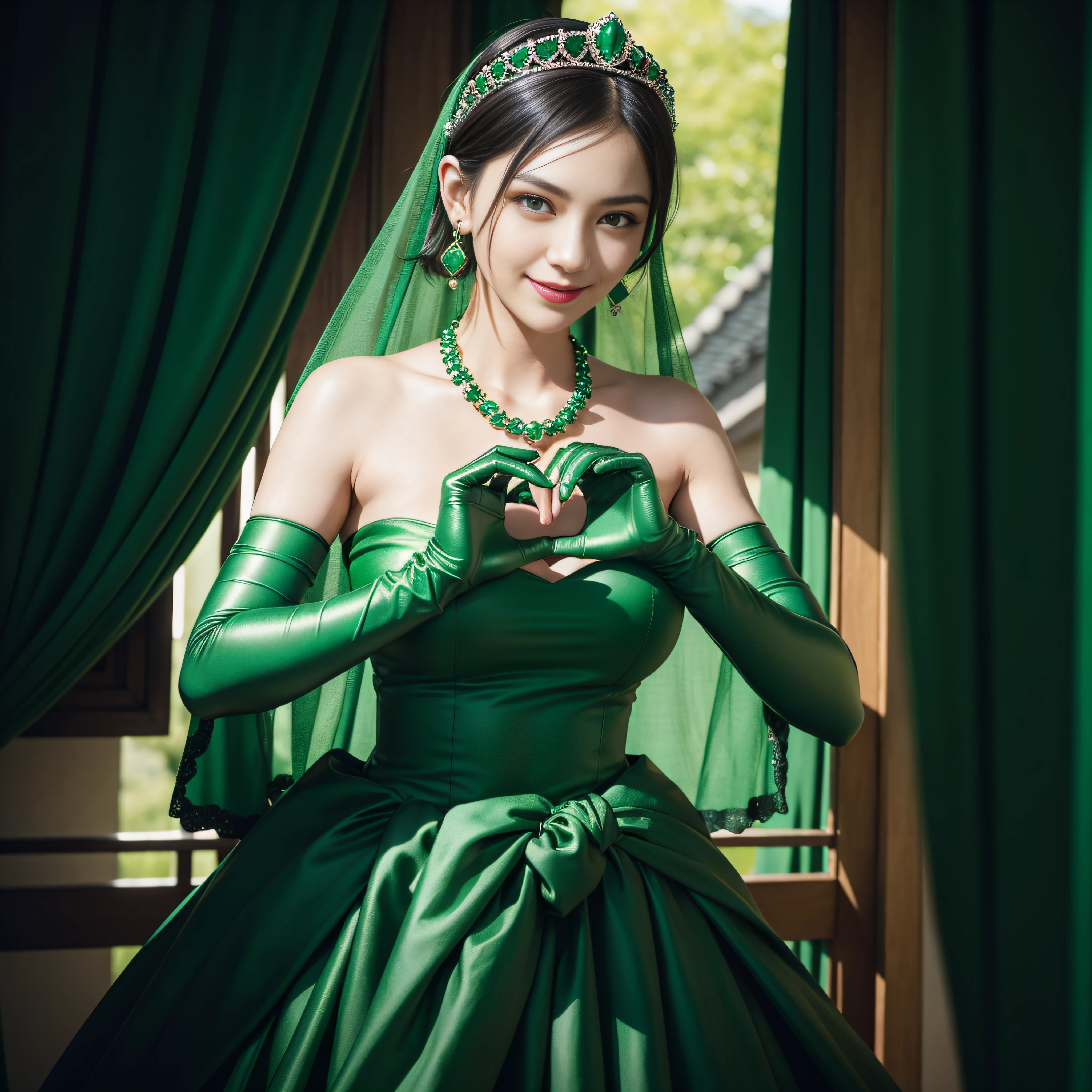 emerald tiara, Green Pearl Necklace, Boyish very short black hair, lipsticks, Japan woman smiling, very short short hair,  big breasts beautiful, Green eyes, Long green gloves made of satin material, Green eyes, Emerald Earrings, green vale, Heart with both hands