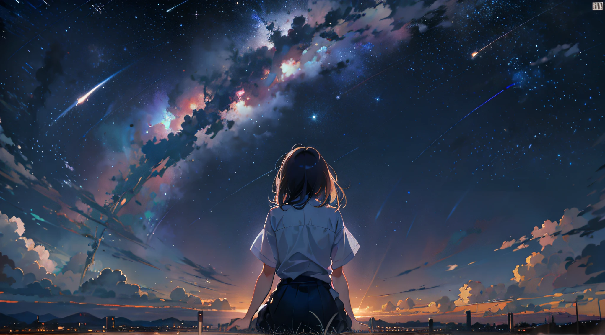 Vast landscape photos, a girl standing gazing at a faraway cityscape, looking up at the sky, shooting stars, fireflies, dreams, makoto shinkai cyril rolando, cosmic skies. by makoto shinkai, 4k anime wallpaper, anime wallpaper 4k, anime wallpaper 4 k, anime art wallpaper 4 k, anime art wallpaper 4k, sitting on the cosmic cloudscape, anime art wallpaper 8 k, hands on lap