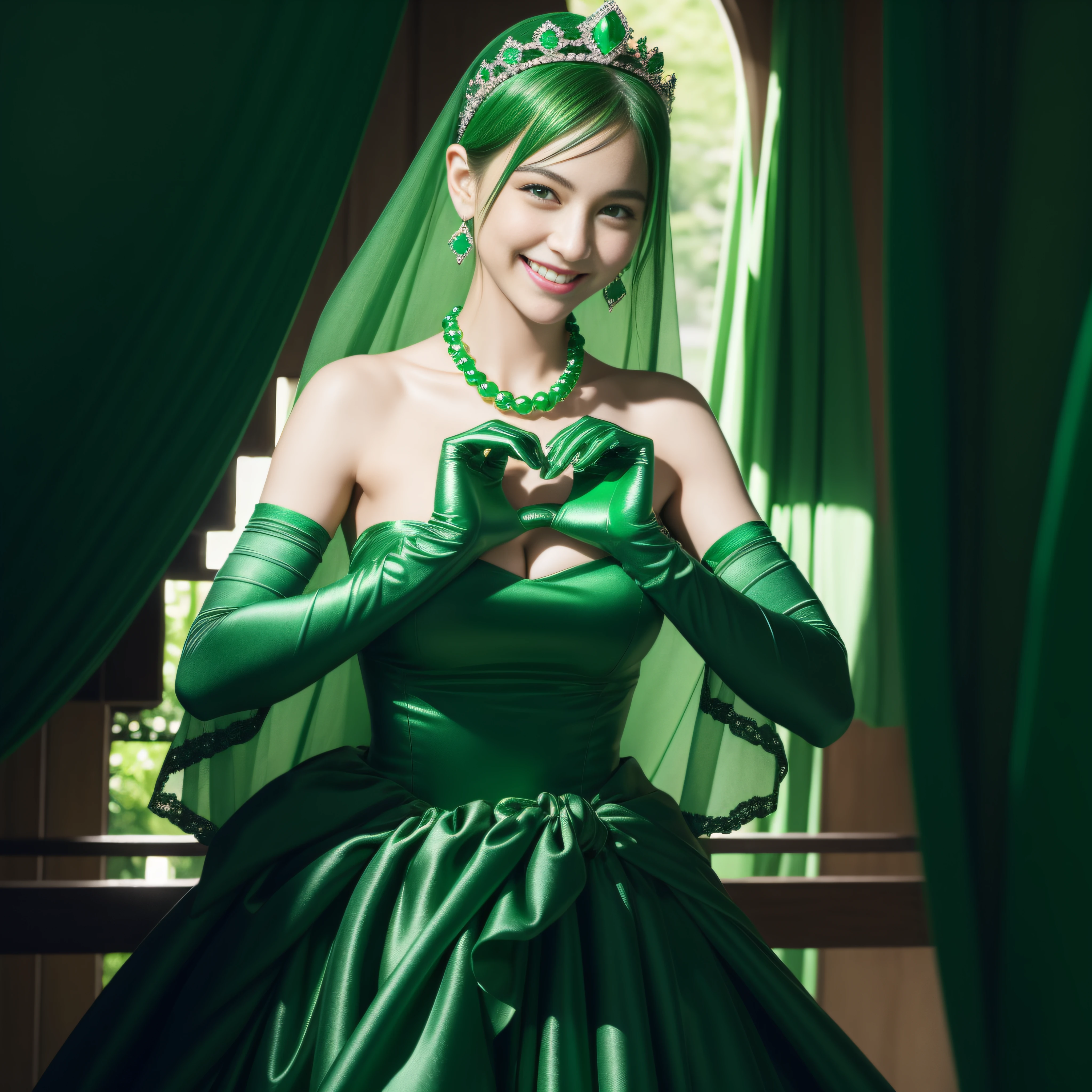 emerald tiara, Green Pearl Necklace, Boyish very short green hair, lipsticks, Japan woman smiling, very short short hair,  big breasts beautiful, Green eyes, Long green gloves made of satin material, Green eyes, Emerald Earrings, green vale, Heart with both hands