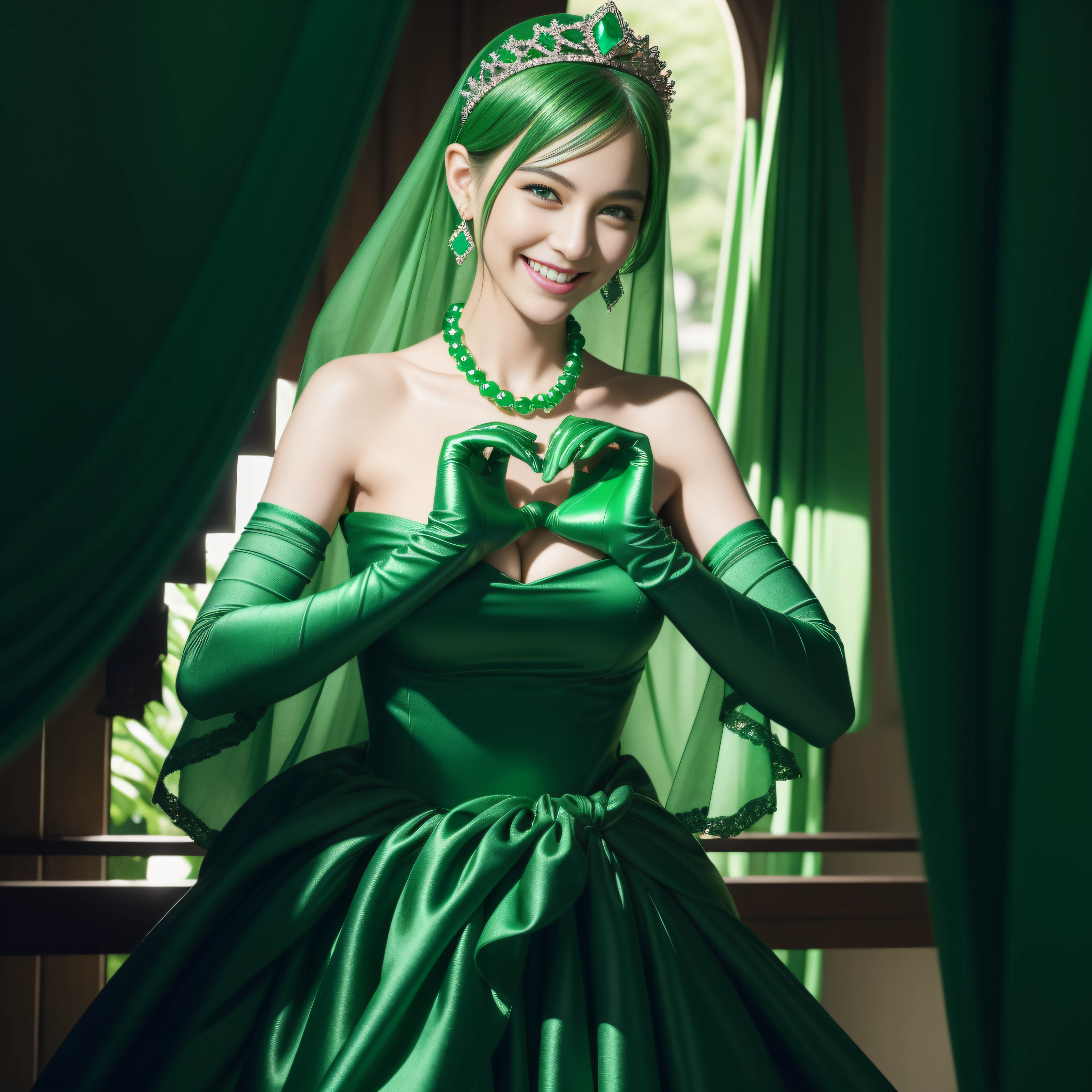 emerald tiara, Green Pearl Necklace, Boyish very short green hair, lipsticks, Japan woman smiling, very short short hair, big breasts beautiful, Green eyes, Long green gloves made of satin material, Green eyes, Emerald Earrings, green vale, Heart with both hands
