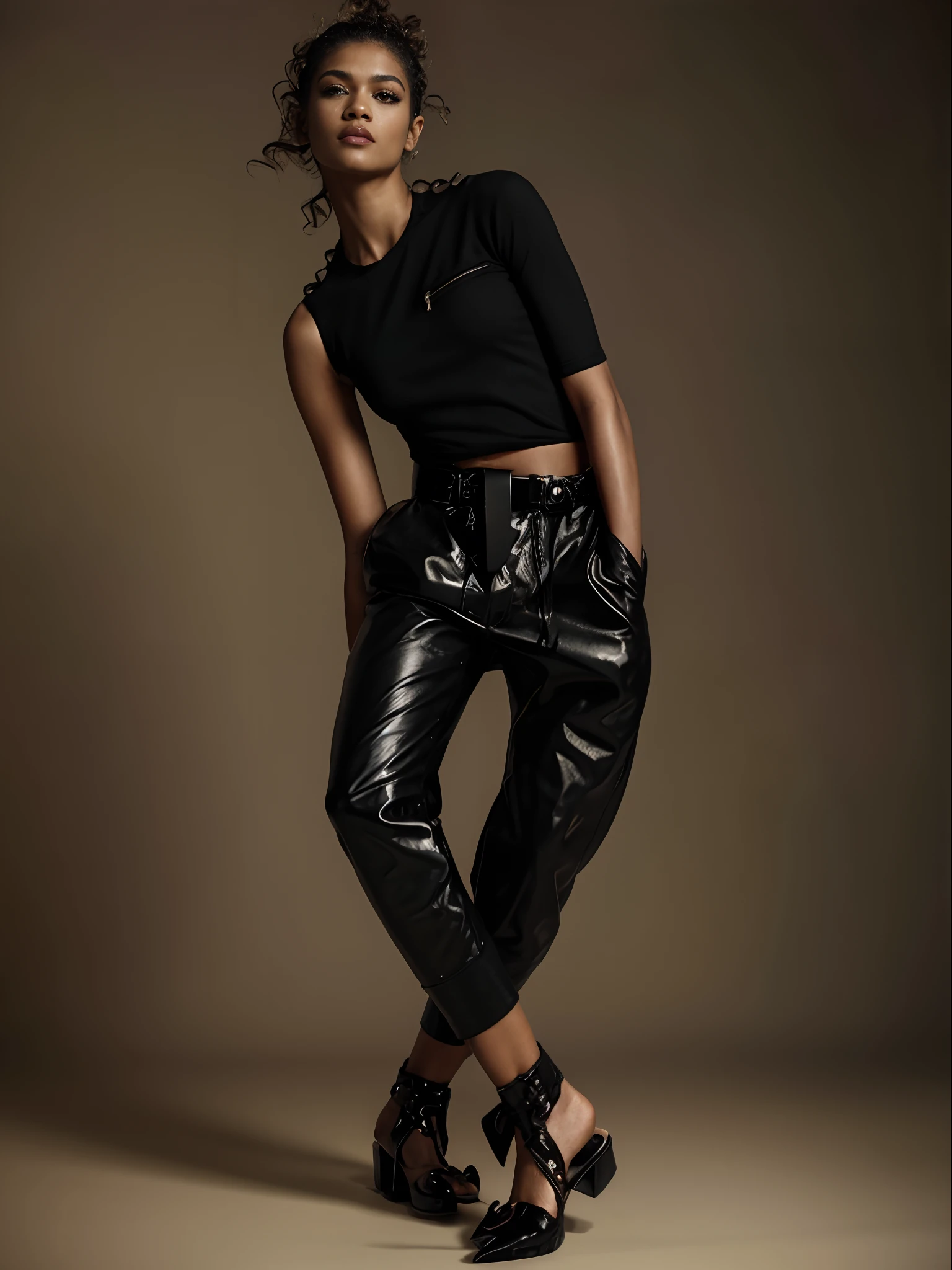 a woman in black top and leather pants posing for a picture, leather pants with a belt, leather pants, leather pants | natural lighting, “zendaya, black leather shiny jeans, wearing leather, glossy magazine photoshoot, by Silvia Pelissero, official vuitton editorial, zendaya, fashion editorial, photo from vogue magazine, leather, official vogue editorial, leather clothes