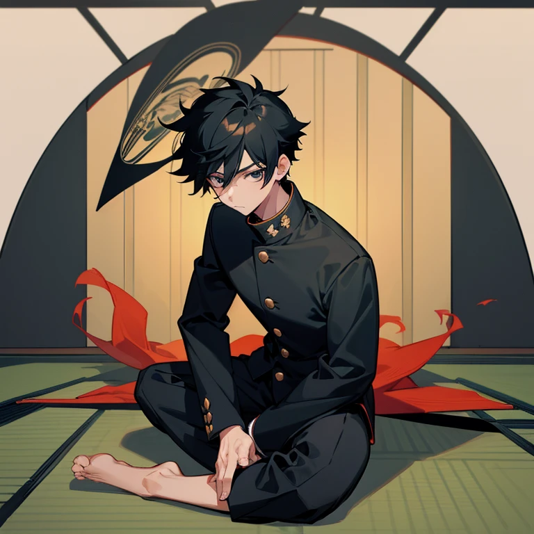 (1 Boy),Black Gakuran, black slacks, black hair, short hair, (background is Japanese tatami room), sitting, arms behind back, hands behind back, full body, top quality, masterpiece, high quality