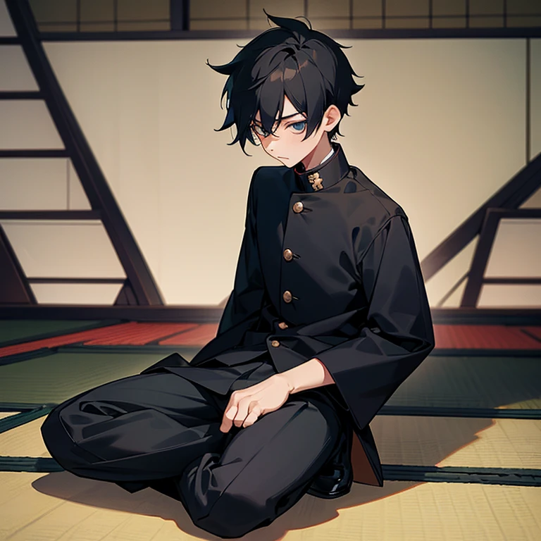 (1 Boy),Black Gakuran, black slacks, black hair, short hair, (background is Japanese tatami room), sitting, arms behind back, hands behind back, full body, top quality, masterpiece, high quality