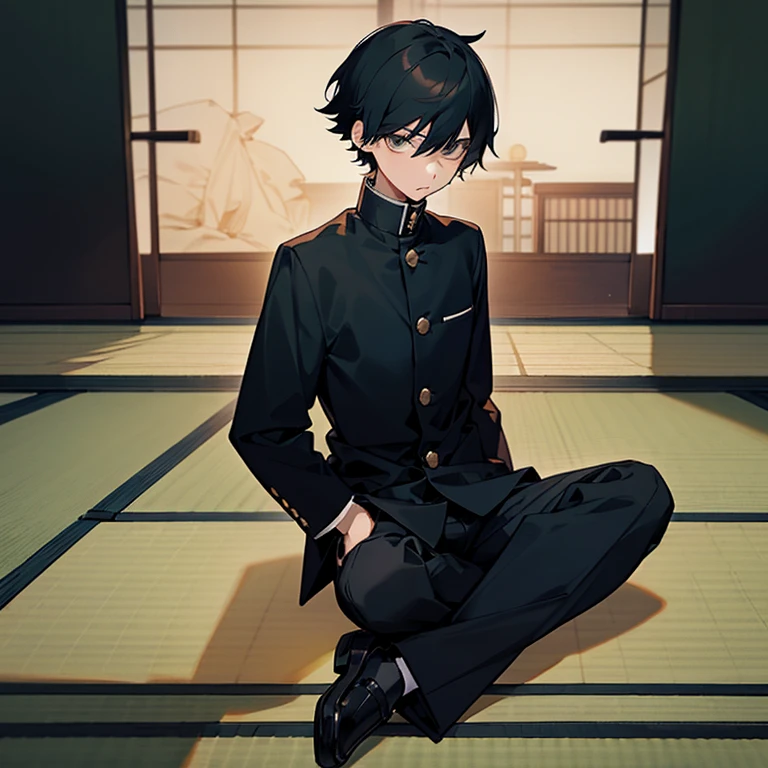 (1 Boy),Black Gakuran, black slacks, black hair, short hair, (background is Japanese tatami room), sitting, arms behind back, hands behind back, full body, top quality, masterpiece, high quality