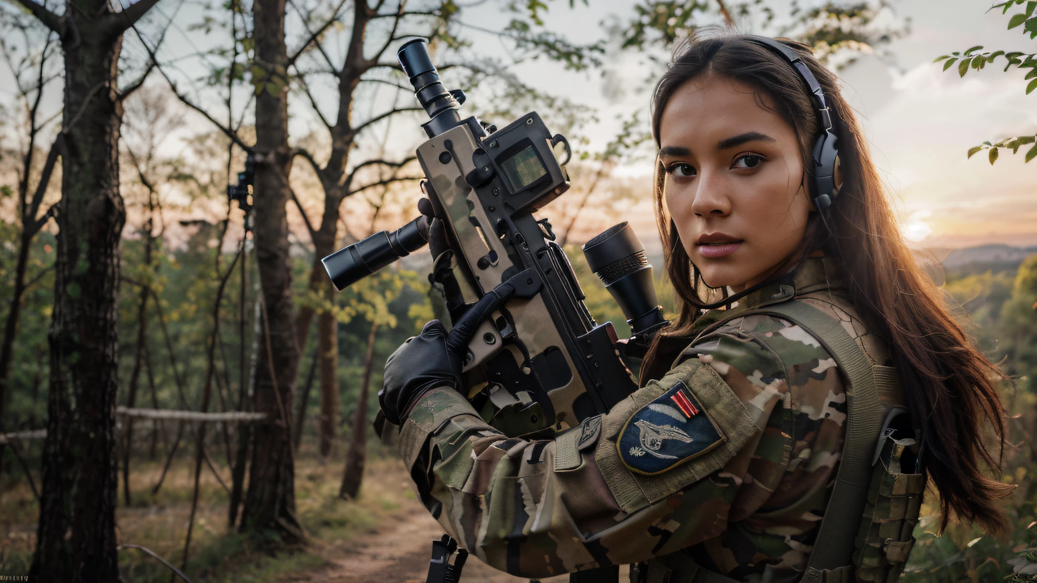 beautiful female soldier, Italian face, tan skin, brown eyes, long black hair, wears military uniform, white and gray camouflage uniform, headset with microphone, blue details, black leather gloves, bulletproof vest, blue and white color, belt with ammunition , Belt with bullets, holds a rifle, is in a wild forest, beautiful sunset, 4k, Ultra detailed image, realistic, Highly detailed, perfect composition, gorgeous, Intricately detailed, incredibly detailed, Art photography 8K, hyper detailed, Masterpiece, Ultra detailed, hyper realistic, 4k, Ultra detailed image, realistic, Highly detailed, perfect composition, beautiful, intricately detailed, incredibly detailed, art photography 8k, hyper detailed, masterpiece