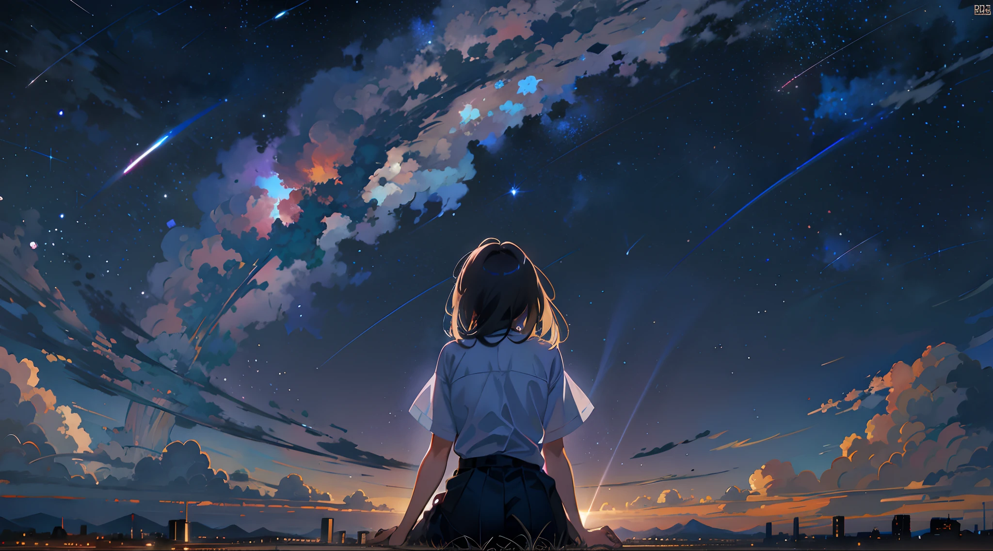 Vast landscape photos, a girl standing gazing at a faraway cityscape, looking up at the sky, shooting stars, fireflies, dreams, makoto shinkai cyril rolando, cosmic skies. by makoto shinkai, 4k anime wallpaper, anime wallpaper 4k, anime wallpaper 4 k, anime art wallpaper 4 k, anime art wallpaper 4k, sitting on the cosmic cloudscape, anime art wallpaper 8 k, hands on lap, no hands