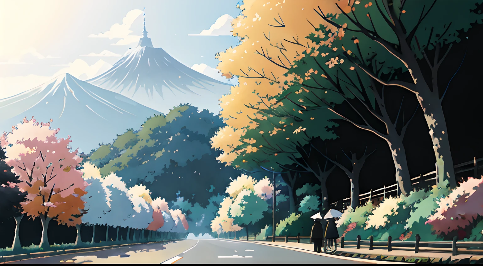 paysage, automne, pluie qui tombe, aucun humain, Tokyo, Japon, Le meilleur des meilleurs, couleurs de l'automne, Feuilles qui tombent, Arrière-plan paysager, ombres, contraste, Makoto Shinkai (Meilleure qualité:1.3), (Haute résolution:1) Art par Studio Ghibli Style, impressionnisme, couleurs vibrante