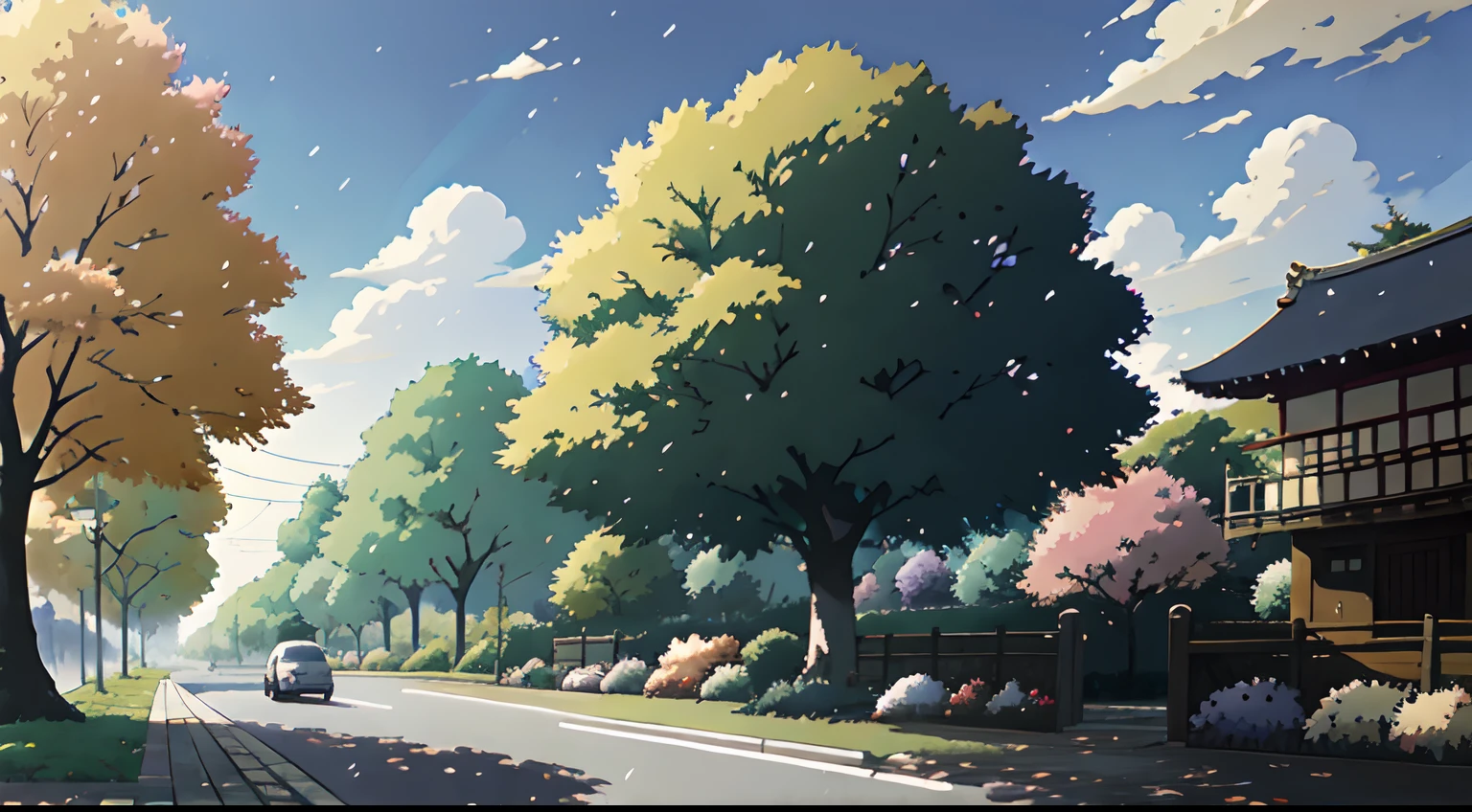 paysage, automne, pluie qui tombe, aucun humain, Tokyo, Japon, Le meilleur des meilleurs, couleurs de l'automne, Feuilles qui tombent, Arrière-plan paysager, ombres, contraste, Makoto Shinkai (Meilleure qualité:1.3), (Haute résolution:1) Art par Studio Ghibli Style, impressionnisme, couleurs vibrante