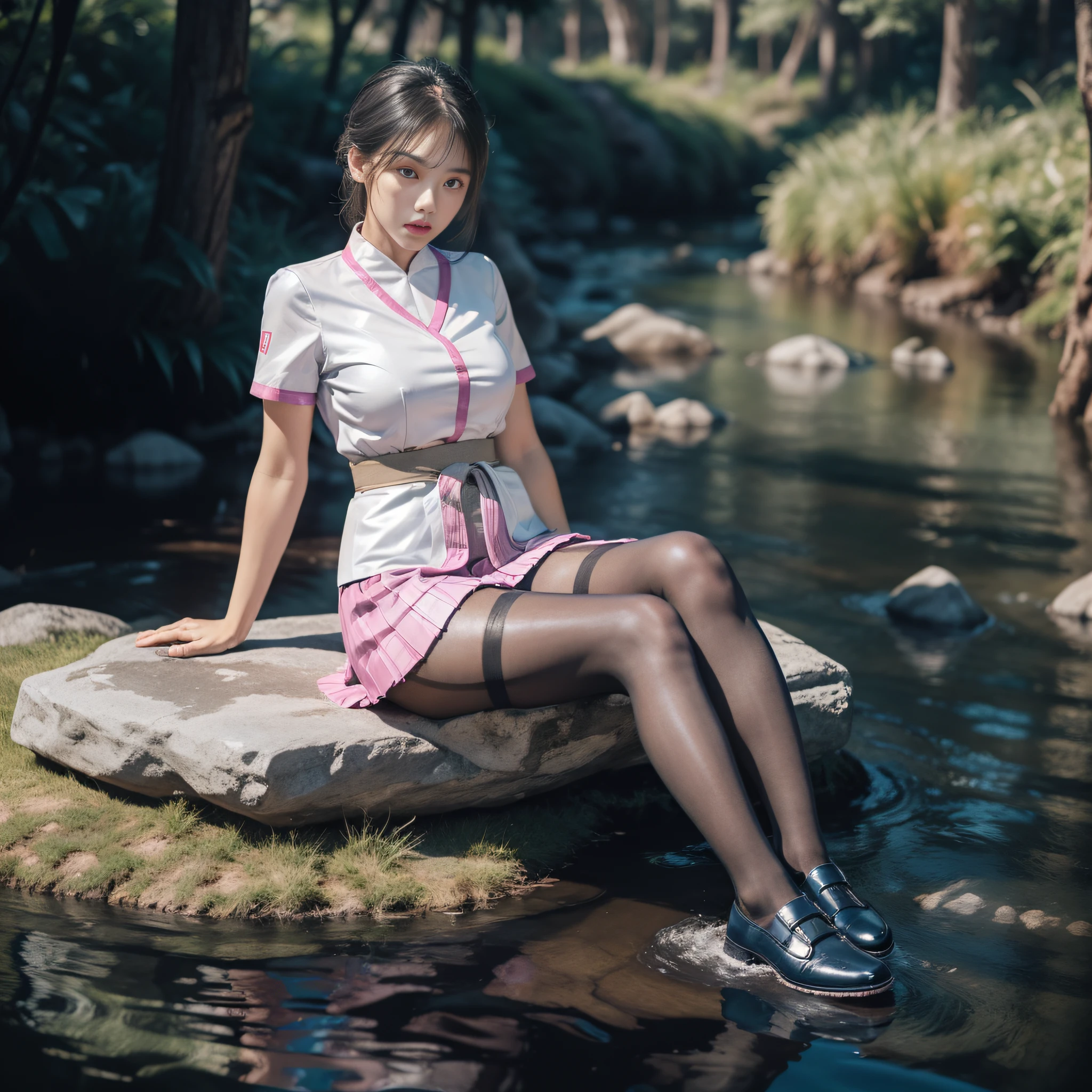 (Full body:2)，(1girl in:1.3),(view the viewer:1.4)，(anatomy correct:1.45),(Sitting by the creek,:1.35),(Reflective Carbon Fiber Pantyhose:1.4),(Mature sensual woman wearing printed fantasy nurse suit JK student uniform pleated skirt and polished jk uniform leather shoes :1.35)，(Woman with big buttocks, breasts, and a thin waist:1.4), (Light particle effect:1.3),(in pink | amarelo | Blue color| in green |Red color | white colors| The color is black| purpleish color| greys| Beige| Skin color 1.4)，(Glowing eyes:1.3),(Large amplitude action: 1.3)，(Accurate and perfect face:1.4),hyper HD, Ray traching, reflective light，Structurally correct, awardwinning, high detailing, Lighten the shade contrast, Face lighting ，cinmatic lighting, masutepiece, super detailing, High quality, high detailing, Best Quality, 16 K，High contrast,