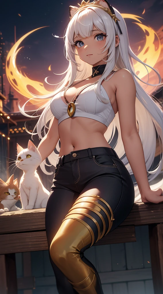silver goddess in flame-red pleated slim cloth with golden lines accents, fireball, satin, fur, (stockings), natural breasts, slim body, (((colorless skin))), zettai ryouiki, medium length hair, beautiful detailed bright fire eyes, portrait, most realistic, highest quality, best pixels, 8k ultra
