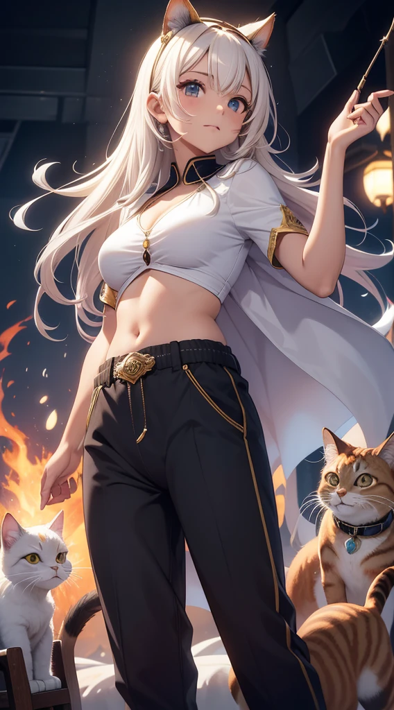 Rapariga, cabelos castanhos longos, orelhas de gato, olhos amarelos, sorrir, Parte superior apertada marrom, Pants, diadema, Elementos de ouro, Ela-Ra, master part, Hiqualidade, 4k, disco Rigido, bom detalhe