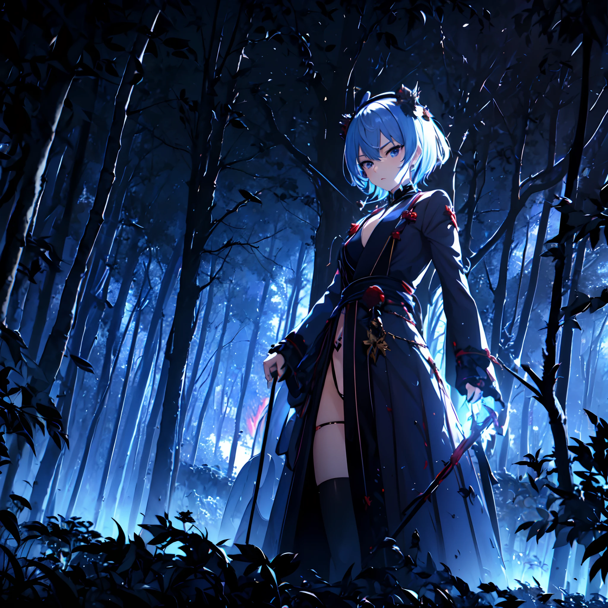 1 girl, solo, Hoshimachi_Suisei, cool mouth mask, black cloth mask, white hair with azure tips, short hair, sidebangs, hair between eyes, red eyes, bloodshot eyes, small breasts, tattered and torn starry blue robe with high-neck, red light knight armour, evil aura, disgusted face, low angle, alien-like forest, burned down trees, violet flames, wind magic