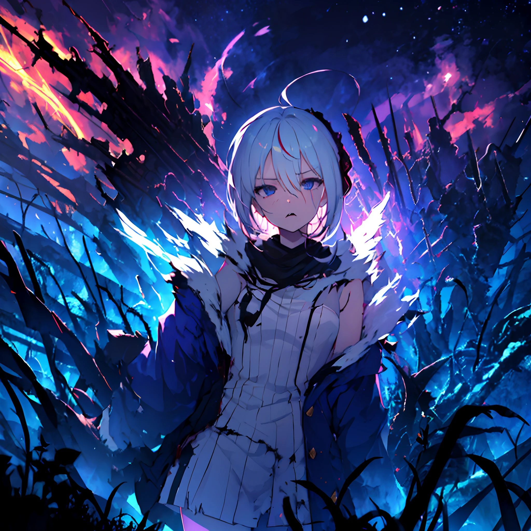 1 girl, solo, Hoshimachi_Suisei, cool mouth mask, black mask covering mouth, white hair with azure tips, short hair, sidebangs, hair between eyes, red eyes, bloodshot eyes, small breasts, tattered and torn starry blue robe with high-neck, red light knight armour, evil aura, disgusted face, low angle, alien-like forest, burned down trees, violet flames, wind magic