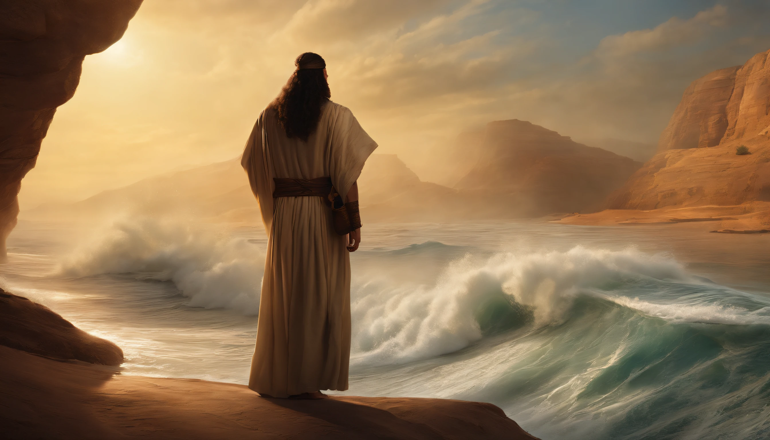 The sea splits, And those who cross the rift, Moses crosses the Red Sea, Crossing the sea like a land, With a lot of people, million ,The Staff or Moses ,desert,Old gowns,,History reference,High-quality artwork and details,Realistic portrait style,Subtle color palette,vibrant background,natural textures,Deep Shadows,Subtle highlights,Historical accuracy,meticulous attention to detail,Emotional depth and intensity,Authentic Representation,Thought-provoking,Spiritual atmosphere,A Sense of Ancient Wisdom,Profound impact