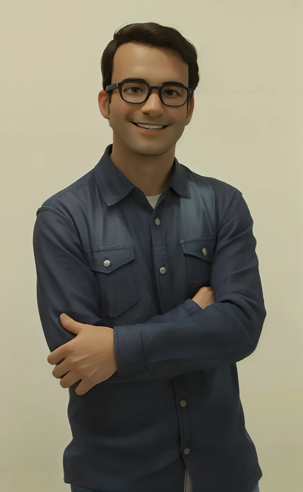 Smiling and charismatic man in blue shirt and glasses with crossed arms, Carmelo Blandino, emanuele dascanio, stefano brunesci, Estilo de Paolo Parente, Federico Pelat, alessandro bavari, Pablo Dominguez, marco bucci, Gonzalo Fuenmayor, icaro carvalho, Stefano Tamburini placeholder image, Be as faithful as possible to the original image, Keep the features of the face as much as possible. 3D Animation Movie Poster, Poster de filme animado, pixar 3 d animation style, pixar renderman rendering, maia 8 mil, animated film, Disney Pixar Estilo 3D, Disney Pixar Animation Poster