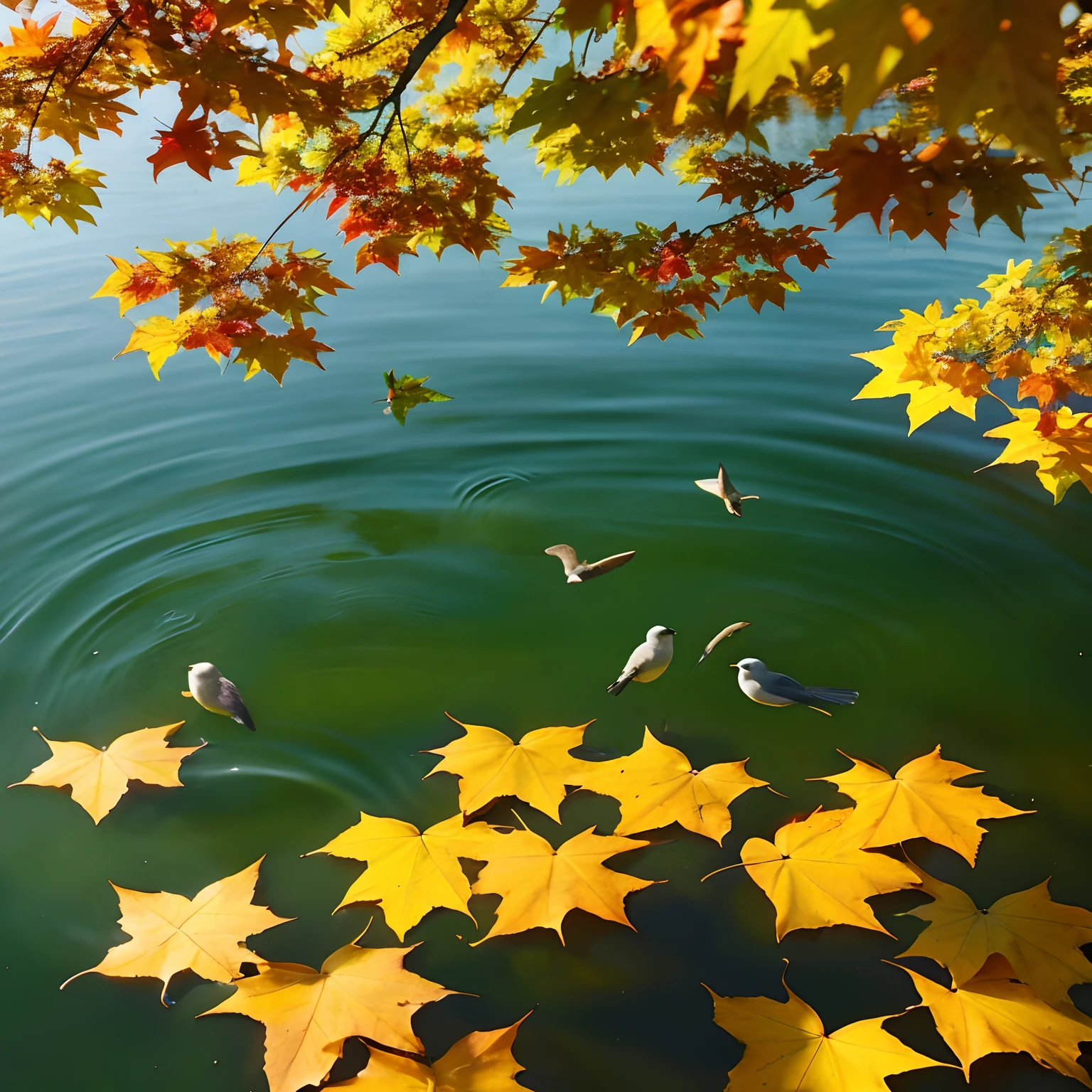 Autumn foliage、lake,playing in the water、Sunlight、Leaves and small birds