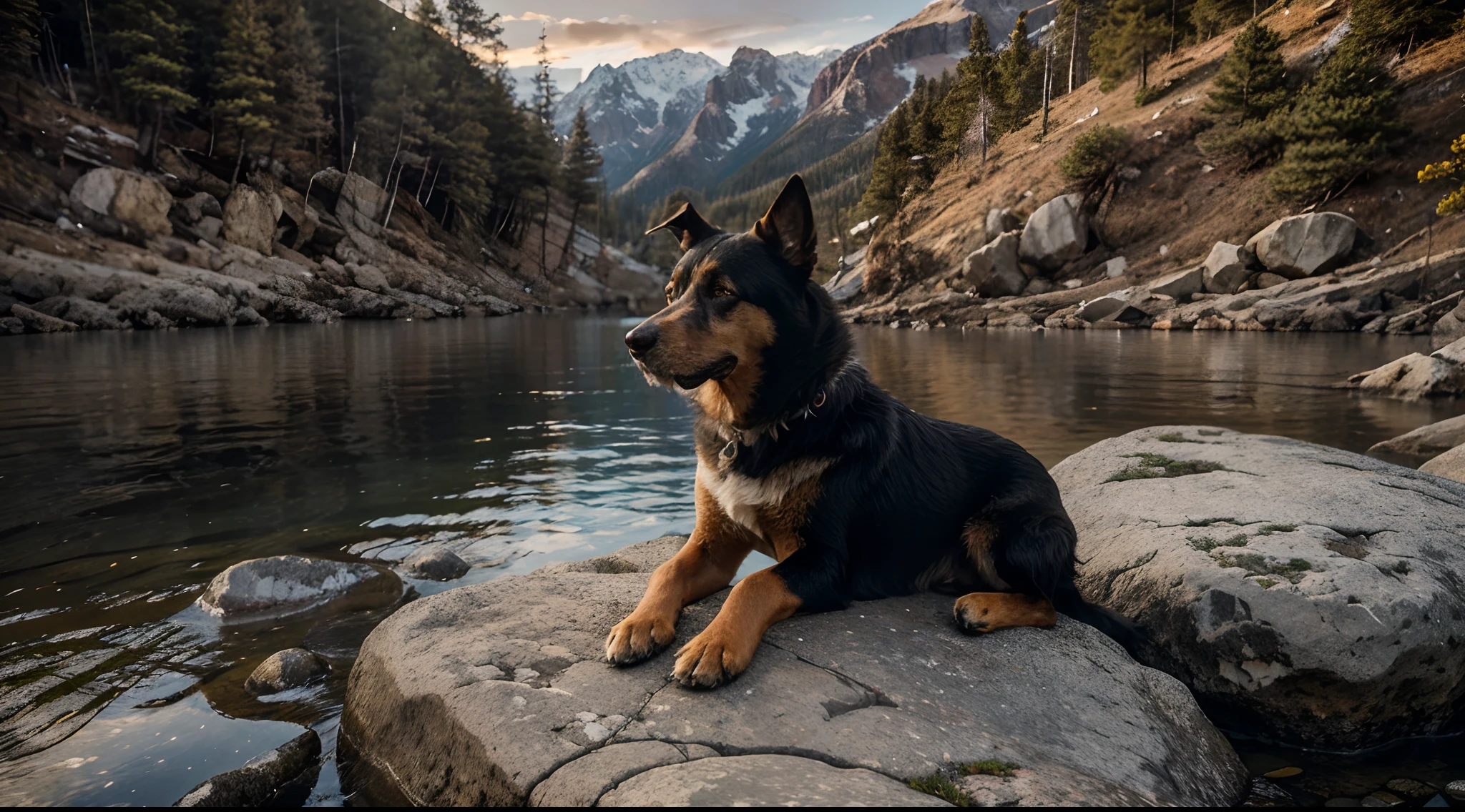 "Generate an image of a dog sitting on the rocks in the midst of a rugged wilderness. The dog should exude a sense of tranquility and contentment as it gazes upon the surrounding natural beauty. Ensure the lighting and details capture the essence of this serene moment."