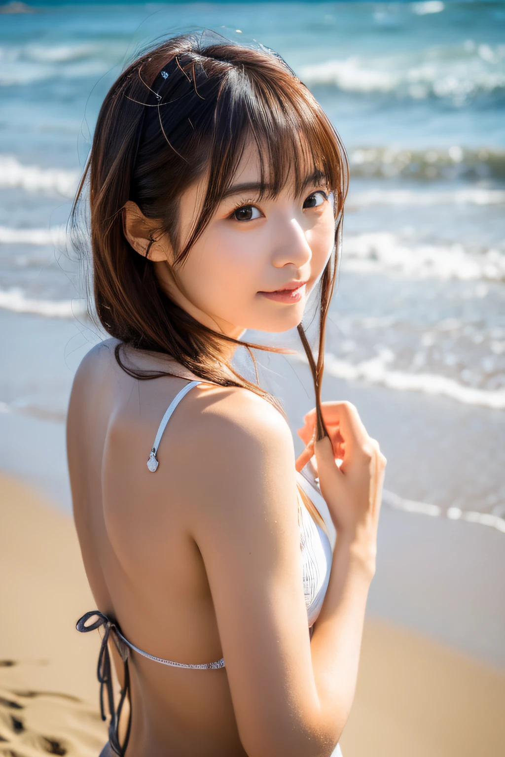 ((sfw: 1.4)), ((sfw, bandeau top, beach, bony body,  extra short hair, sidelocks-hair, smile, 1 girl)), ultra high resolution, (real: 1.4), RAW photo, highest quality, (photorealistic), focus ,Soft light,(()),((Japanese)),(((Young face))),(Surface),(Depth of field),Masterpiece,(Photoreal),Woman,Bangs,( (1 girl)