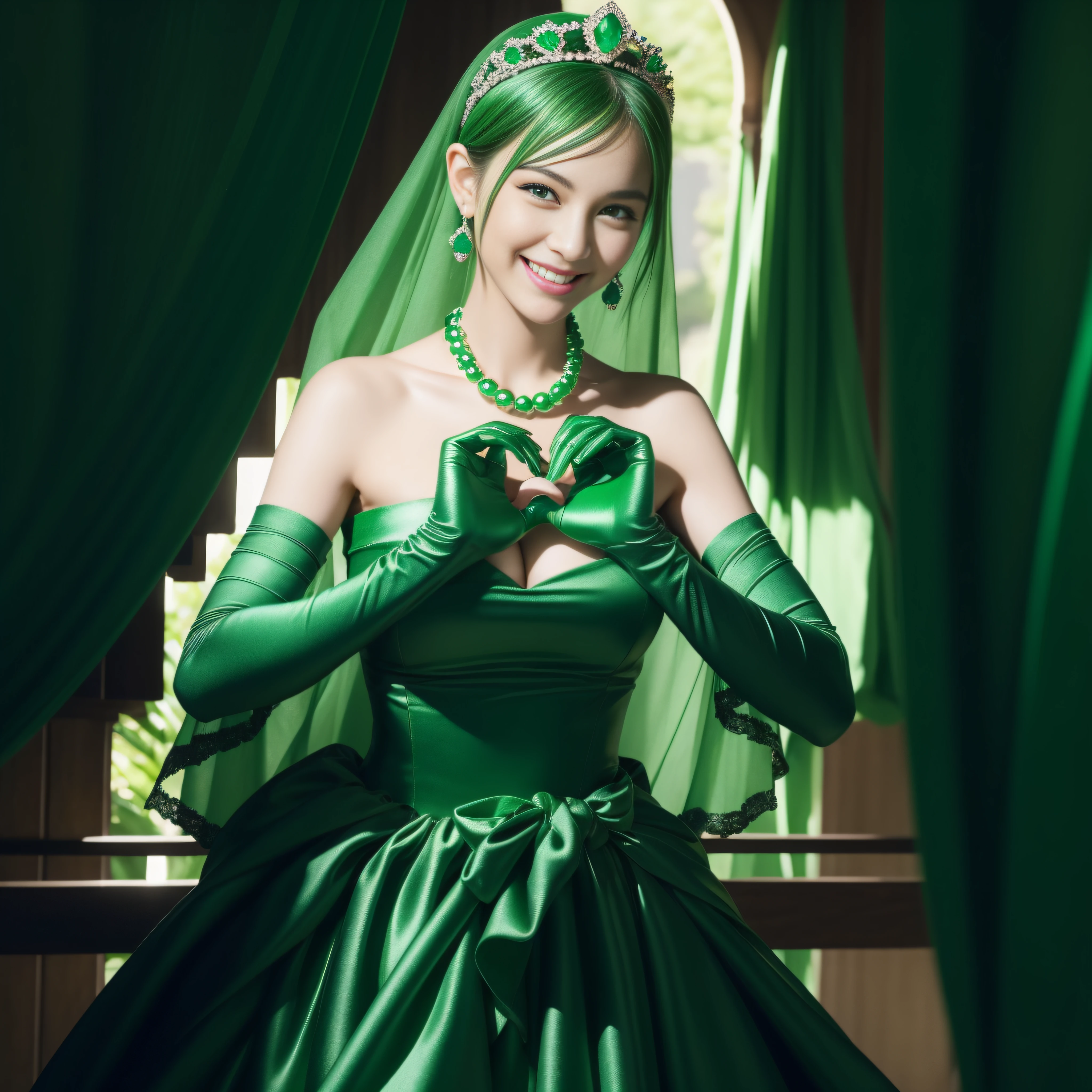 emerald tiara, Green Pearl Necklace, Boyish very short green hair, lipsticks, Japan woman smiling, very short short hair, big breasts beautiful, Green eyes, Long green gloves made of satin material, Green eyes, Emerald Earrings, green vale, Heart with both hands