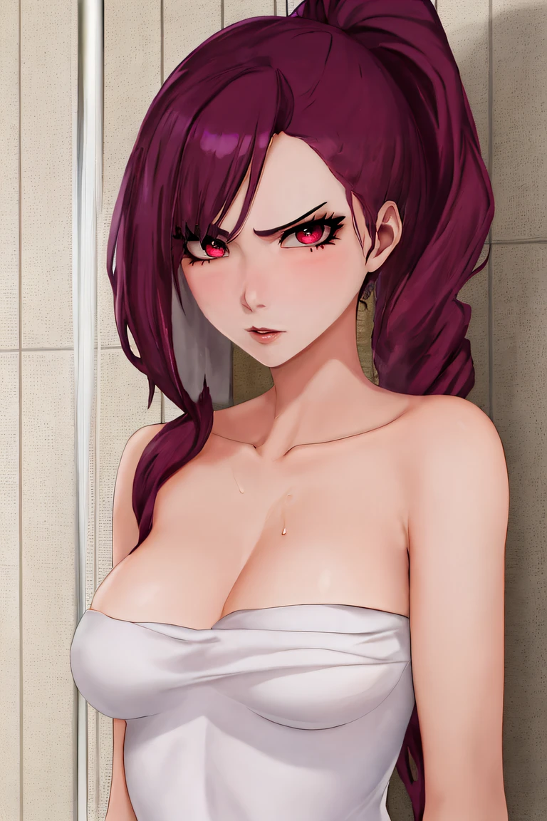 ultra-detailed, clear picture, shower room intense lighting, Riruka, detailed red eye, detailed face, woman in her 20s, Mature woman, medium breasts, wearing only a towel, wrapped in towel, mid body wrapped in towel, fluffy towel, Her expression radiates a fit of anger, tsundere, wet, detailed eyes, magenta hair, magenta eyes