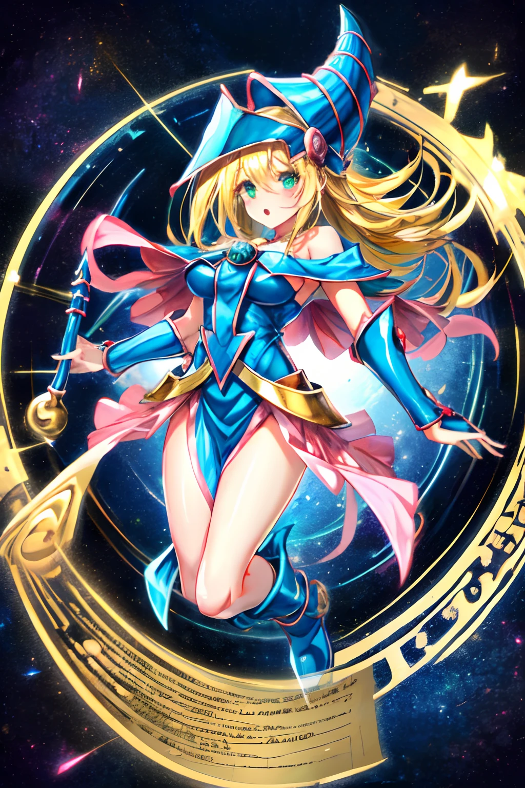 Una chica maga oscura flotando tiernamente, magical aura, fantasy background, Runa brillante, (( una tarjeta Yu-Gi-Oh debajo de ella)), dando una vibra de que fue convocada,epic composition, (Detalles complejos), (complex design, Ultra-detalles :1.2), Art Station, (Obra maestra, La mejor calidad), Ultra HD, 32K ,Renderizado de octanaje, bioluminiscente,8k resolution concept art, realismo,por Mappa studios,Obra maestra,La mejor calidad,Arte Oficial,illustration,clear line,(fresco_Color),perfect composition,absurdos, fantasy,( debajo de ella hay una tarjeta de Yu-Gi-Oh), Diagrama