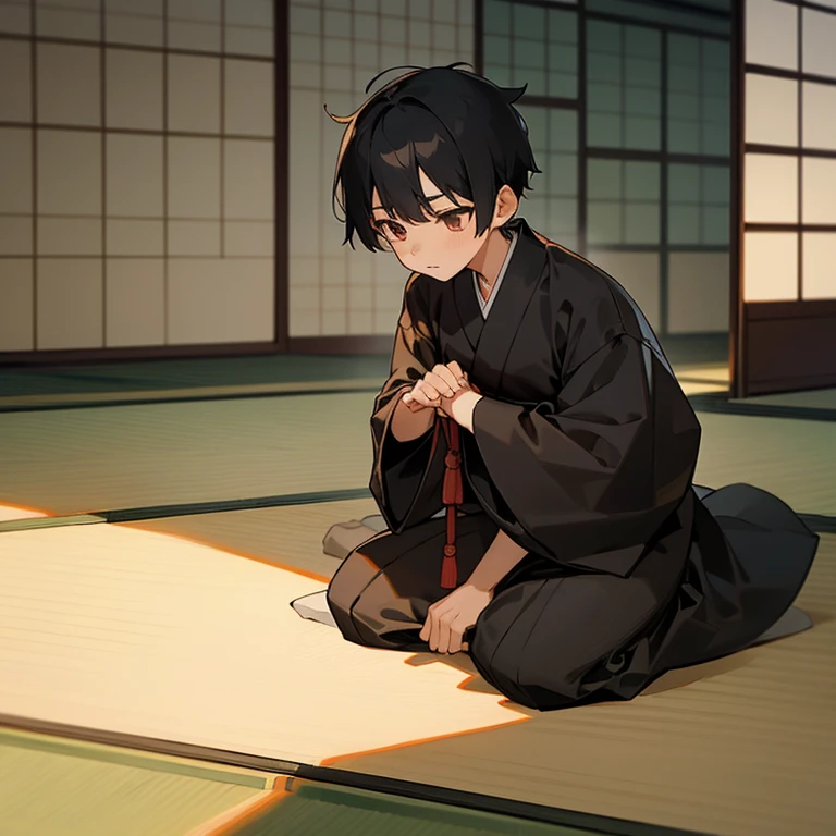 (1 Boy),Black Japanese Clothes,Black Hair,Short Hair, (Background is Japanese tatami mat room),Seiza,Full Body,Top Quality,Masterpiece,High Quality