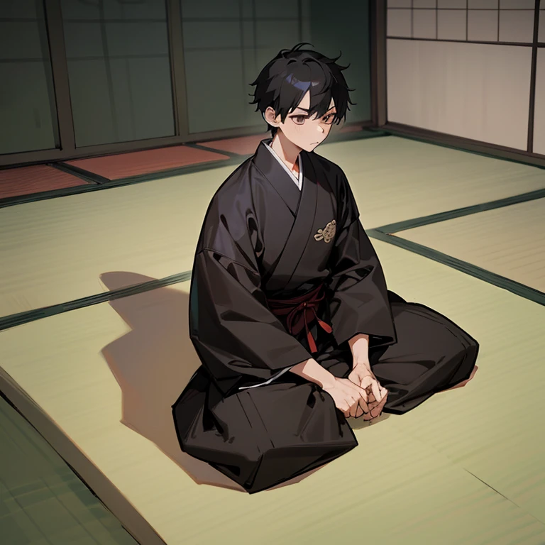 (1 Boy),Black Japanese Clothes,Black Hair,Short Hair, (Background is Japanese tatami mat room),Seiza,Full Body,Top Quality,Masterpiece,High Quality