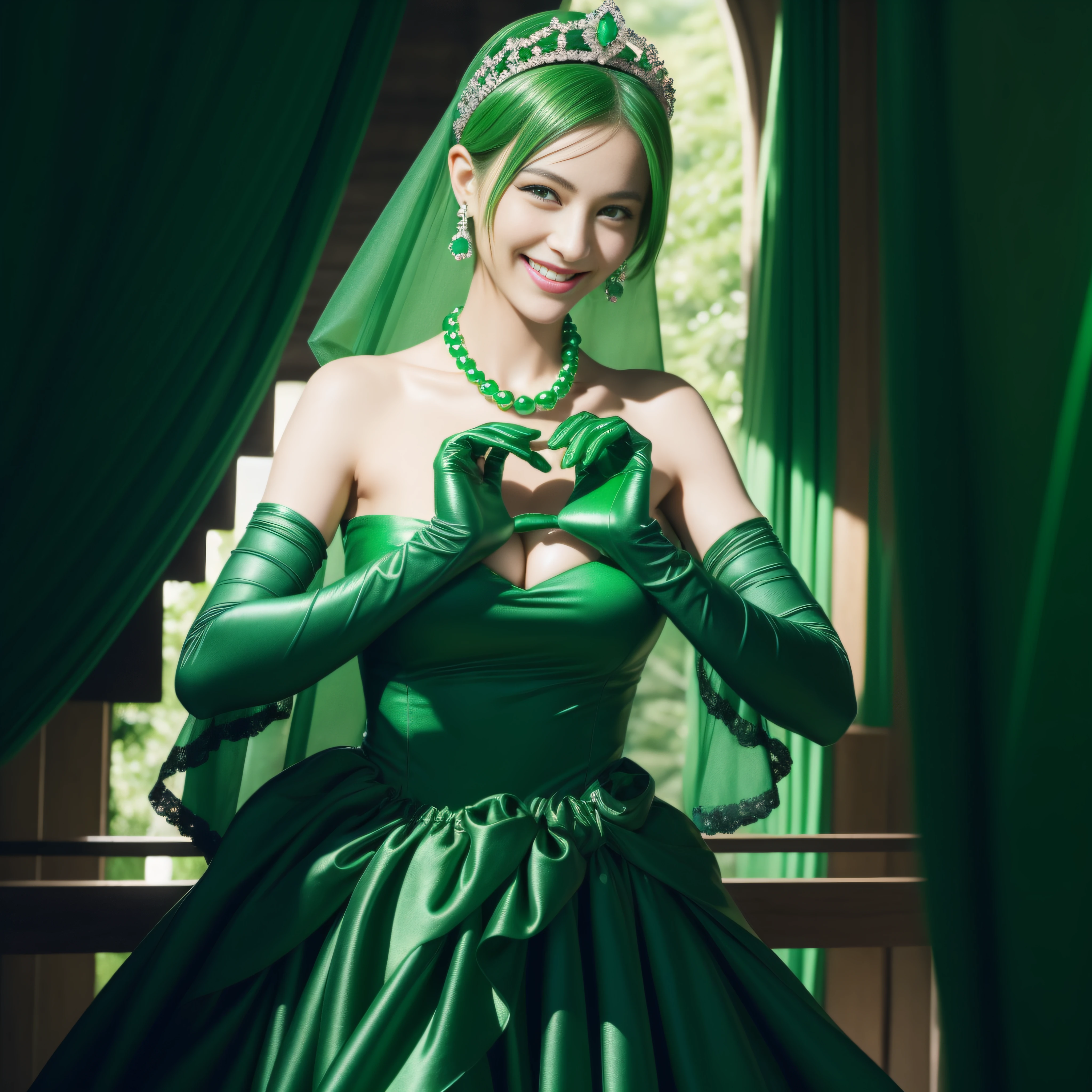 emerald tiara, Green Pearl Necklace, Boyish very short green hair, lipsticks, Japan woman smiling, very short short hair, big breasts beautiful, Green eyes, Long green gloves made of satin material, Green eyes, Emerald Earrings, green vale, Heart with both hands