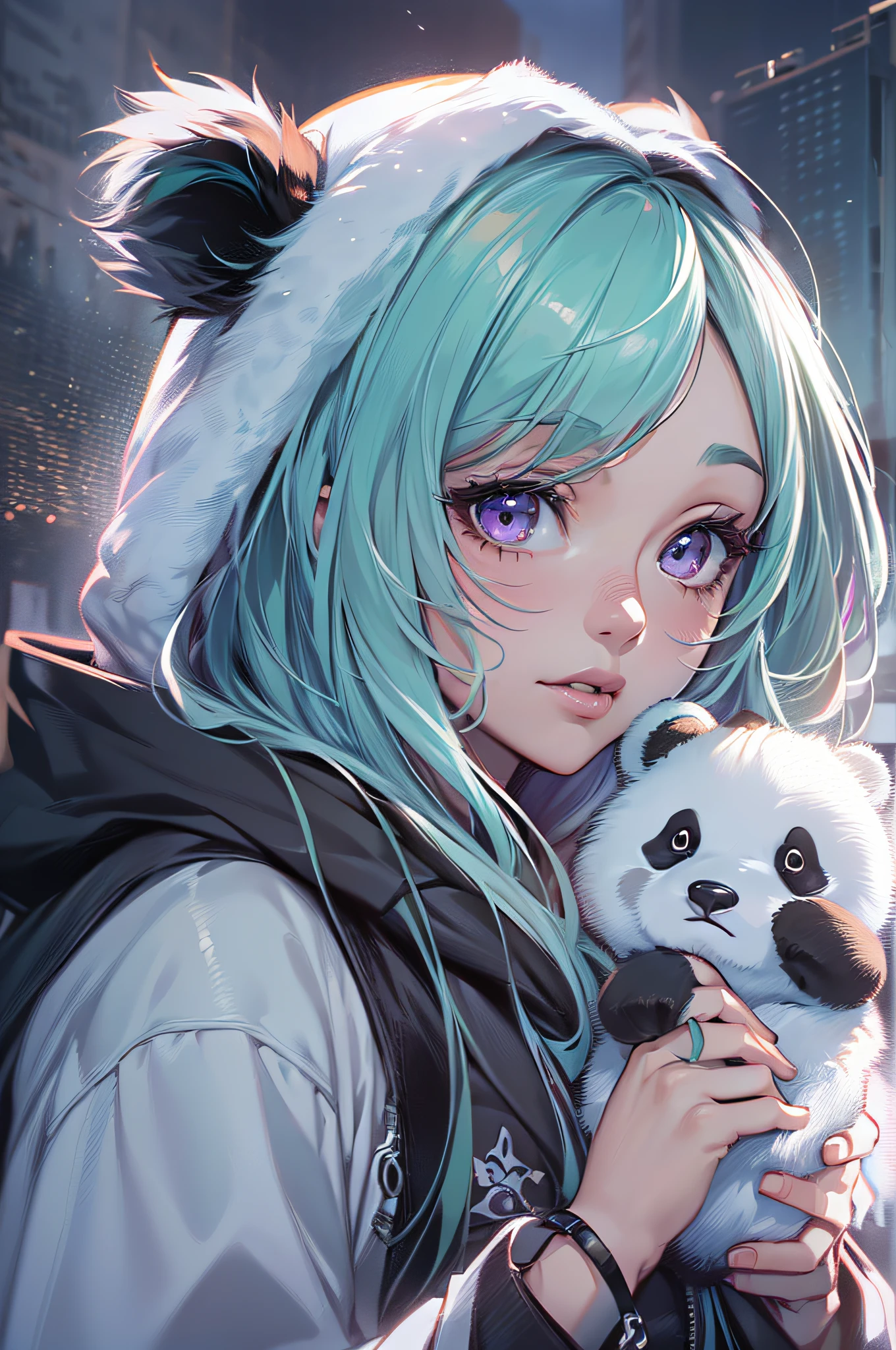 anime girl,busty,black hood with bear ears,purple eyes,mint green hair,dynamic pose,stunning,beautiful,holding panda,illustratio,(best quality,4k,8k,highres,masterpiece:1.2),ultra-detailed,(realistic,photorealistic,photo-realistic:1.37),professional,vivid colors,bokeh,horror,sharp focus