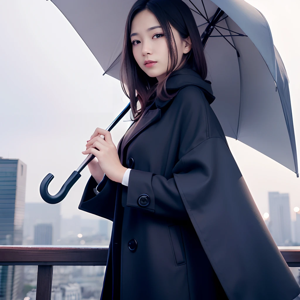 ​masterpiece、masutepiece、Top image quality、High Quality、A woman holding an umbrella is looking at us、((Holding an umbrella))、Clean face、well-formed nose、small lips、lightsmile、Beautiful hands with calculations、Anatomically perfect hands、Wear a long wool coat、Wear a dress shirt on the inner、Wearing a tight skirt、Rainy cityscape background、Cinematic direction、Professional lighting、depth of fields