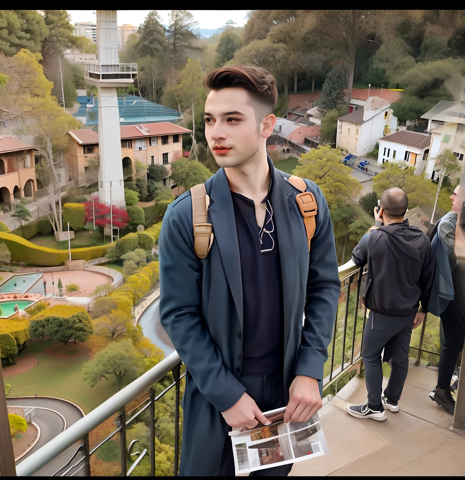Arafed man standing on a balcony holding a magazine in his hand, Forrest em segundo plano, Forrest em segundo plano, suave em segundo plano, trees in the background, tomada em 2 0 2 0, taken in the early 2020s, com um parque ao fundo, Cidade em segundo plano, suave em _ O pano de fundo, Parque em segundo plano