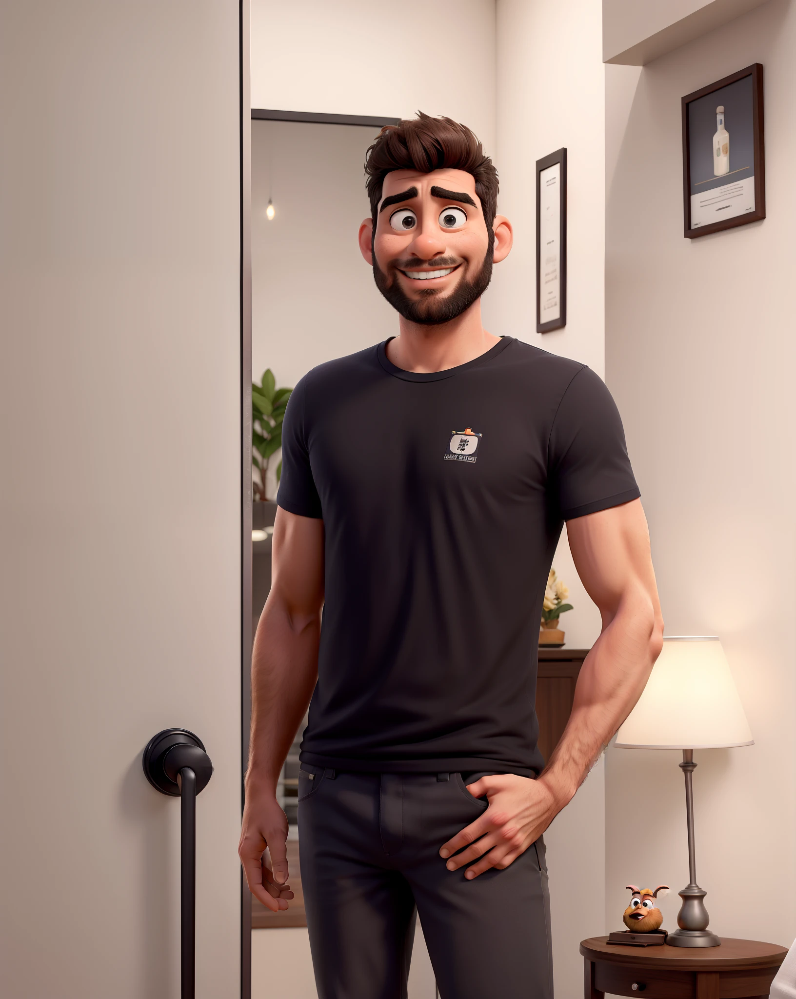 With symmetrical and harmonic eyes, Com barba completa e olhando reto sem ser vesgo, Man standing in a room with a mirror and a table, ele tem cerca de 30 anos, ele tem cerca de 3 0 anos de idade, he is wearing a black t-shirt, ele tem 3 5 anos, he is! cerca de 3 0 anos de idade, Condutor de Ene, homem bonito, vestindo camiseta preta, ele tem cerca de 2 5 anos de idadeObra-prima, de melhor qualidade, um homem de 20 anos, alta qualidade, estilo pixar da disney camisa preta