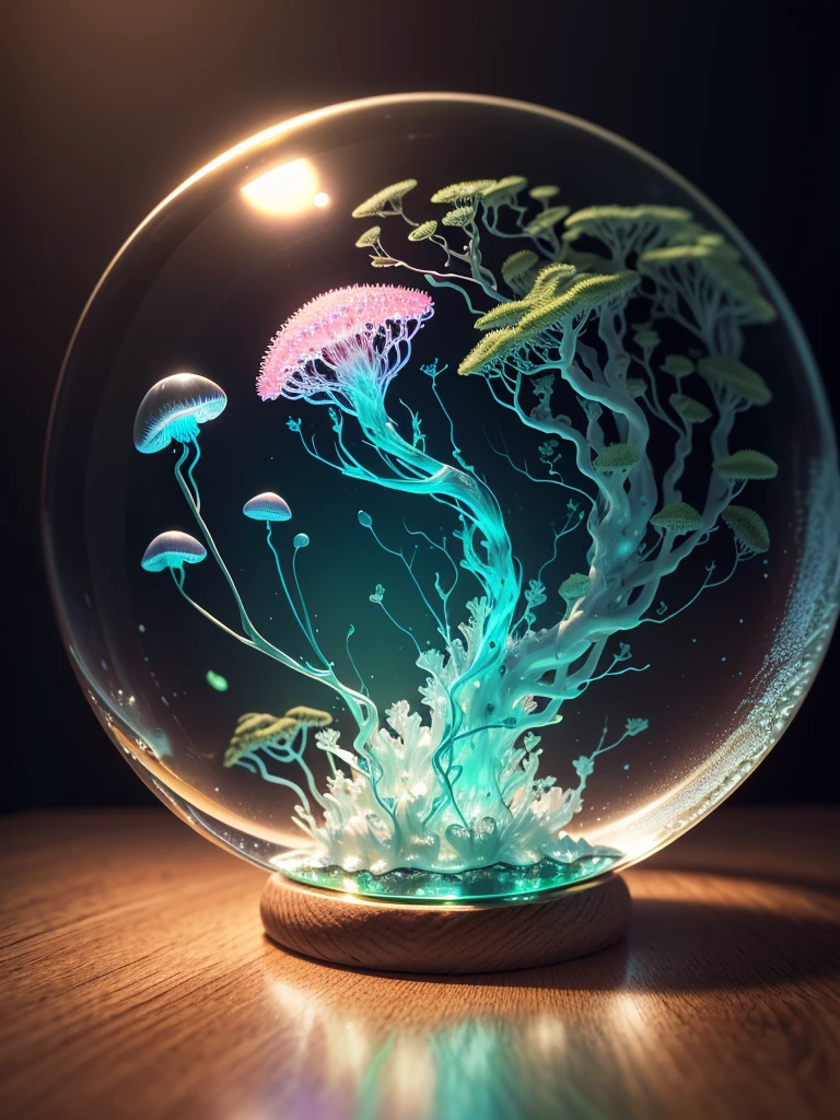 ultra-realistic, 16K high resolution, (Maximum Sharp Focus: 1.3), (close-up máximo: 1.5), (Electric jellyfish trapped in a crystal ball with a pedestal on a table: 1.7), (Floresta de algas marinhas, gelo, recife de coral: 1.5),
