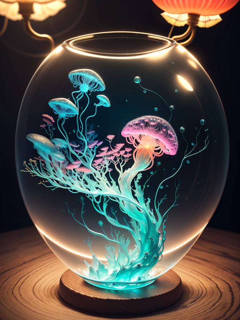 ultra-realistic, 16K high resolution, (Maximum Sharp Focus: 1.3), (close-up máximo: 1.5), (Electric jellyfish trapped in a crystal ball with a pedestal on a table: 1.7), (Floresta de algas marinhas, gelo, recife de coral: 1.5),