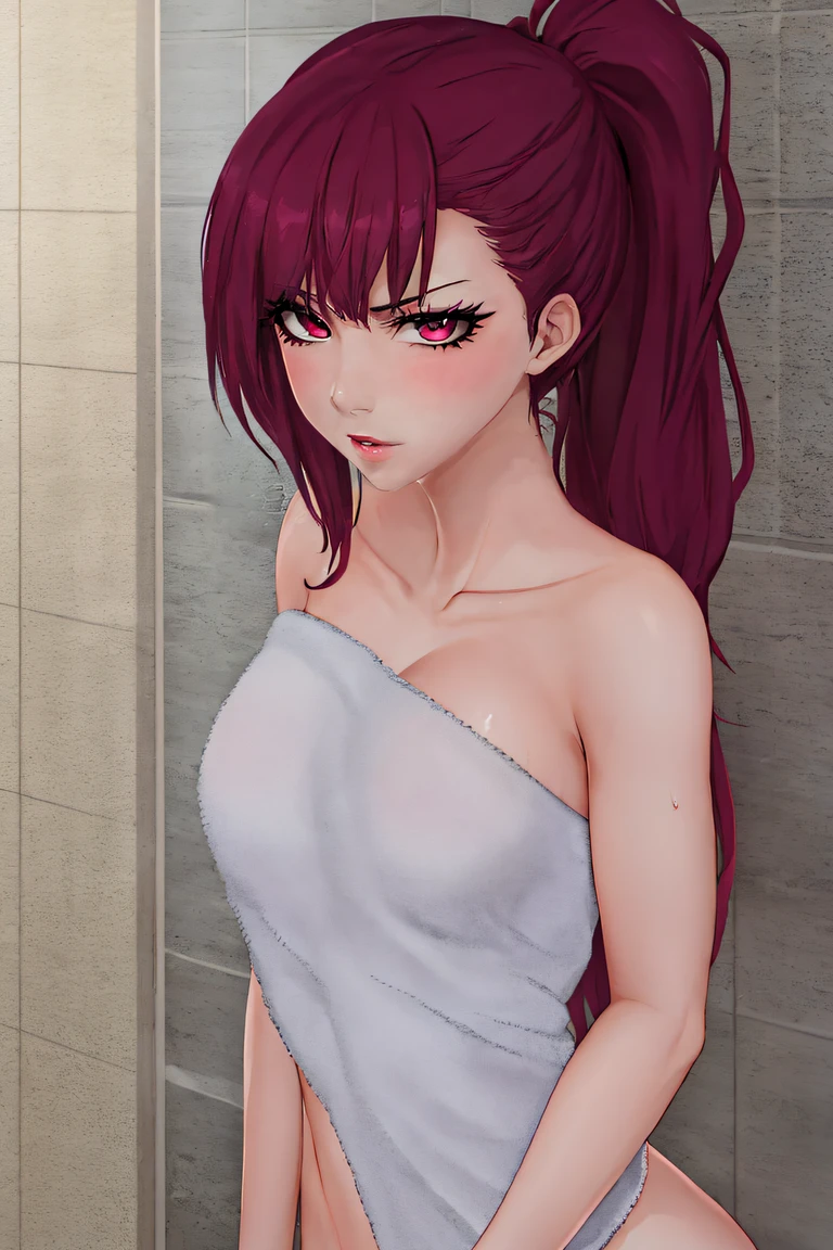 ultra-detailed, clear picture, shower room intense lighting, Riruka, detailed red eye, detailed face, woman in her 20s, Mature woman, medium breasts, wearing only a towel, wrapped in towel, mid body wrapped in towel, fluffy towel, Her expression radiates a fit of anger, tsundere, wet, detailed eyes, magenta hair, magenta eyes