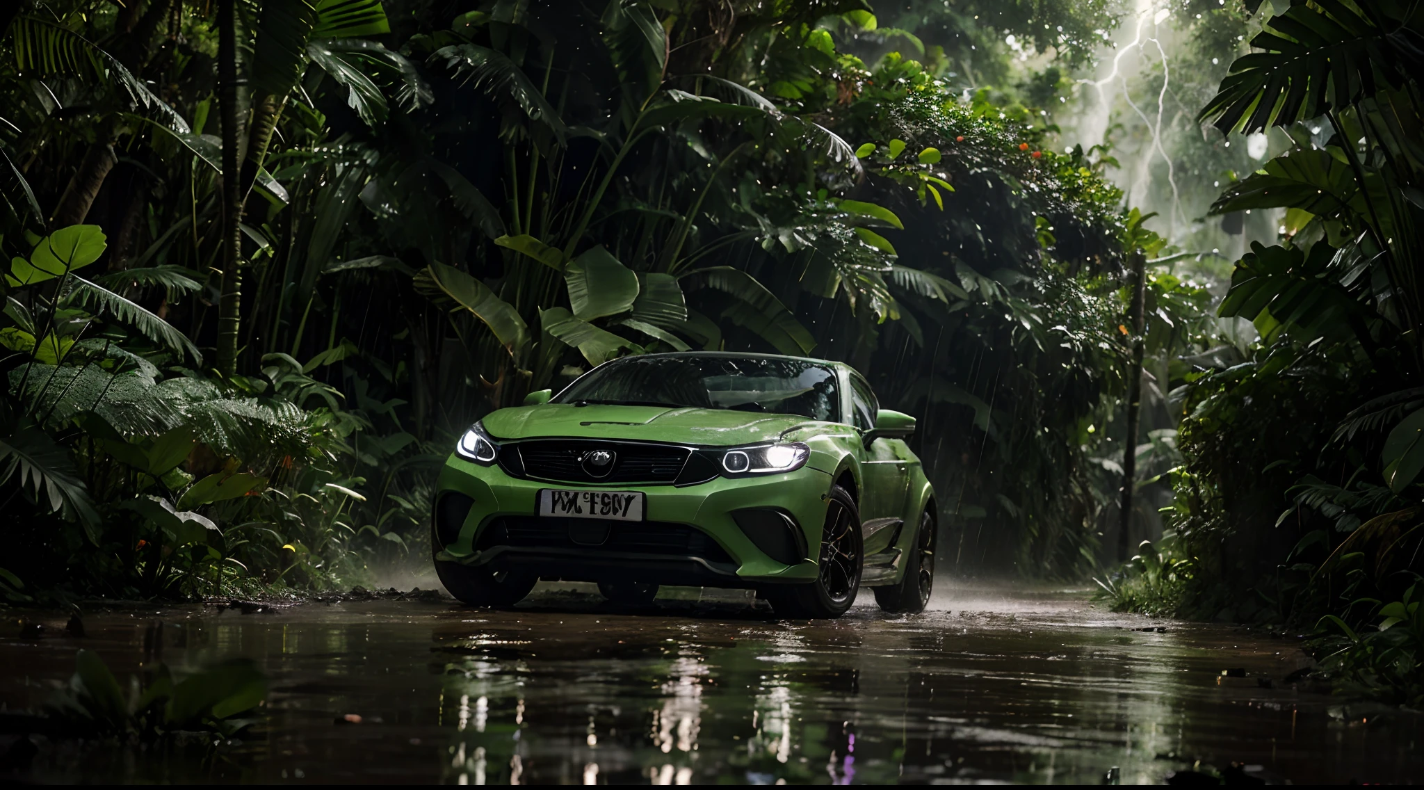 "Describe a green sports car in the heart of a jungle during a thunderstorm with lightning. The car's vibrant green color stands out amidst the lush and dense tropical vegetation, and the rain-soaked leaves glisten in the dim jungle light. As the storm rages, bolts of lightning illuminate the jungle canopy, casting an eerie, surreal glow. The driver of the sports car navigates through the winding, muddy jungle trails with skill and determination, the engine's roar competing with the thunder's rumble. The torrential rain pours down, creating a cacophony of drumming on the car's roof and hood. The car's headlights pierce through the downpour, revealing the mysterious and exotic flora of the jungle. With each flash of lightning, the surroundings are briefly unveiled in all their natural splendor, before plunging back into darkness. This green sports car, an anomaly in the wild, asserts its presence and performance even in the midst of a thrilling and challenging jungle storm."