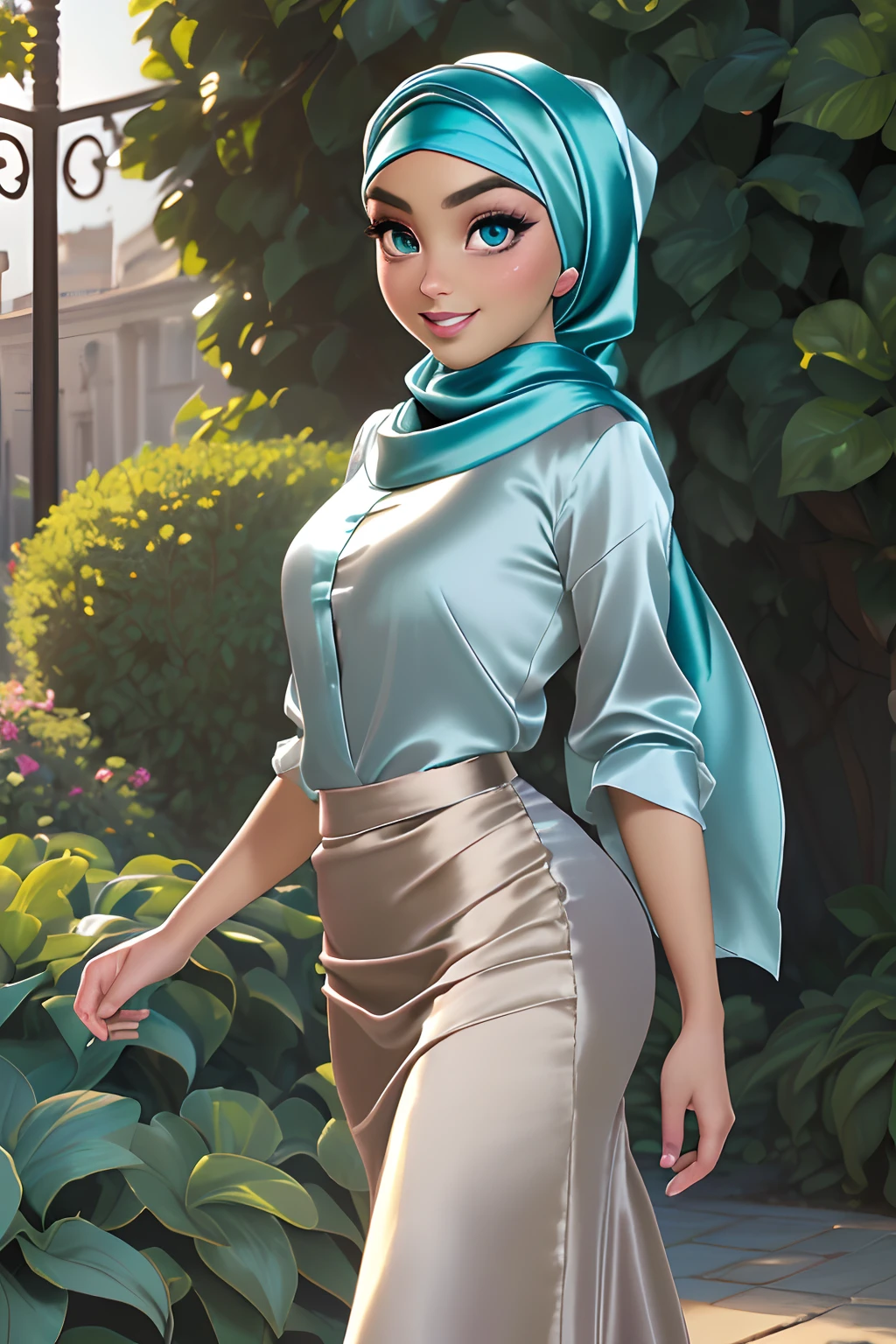 (Masterpiece, realistic, best quality, best lighting, 1 girl photo solo, beautifully makeup, eyeshadow, Parted Lips, Detailed Eyes, beautiful big eyes, long eye lashes, smile, wearing ((Aqua satin headscarf)), loosely tide hijab style, ((Taupe satin shirt)), satin long skirt, walking in the garden, side view