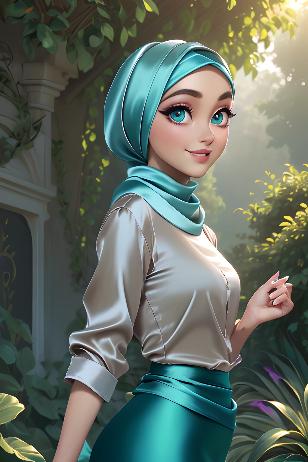 (Masterpiece, realistic, best quality, best lighting, 1 girl photo solo, beautifully makeup, eyeshadow, Parted Lips, Detailed Eyes, beautiful big eyes, long eye lashes, smile, wearing ((Aqua satin headscarf)), loosely tide hijab style, ((Taupe satin shirt)), satin long skirt, walking in the garden, side view