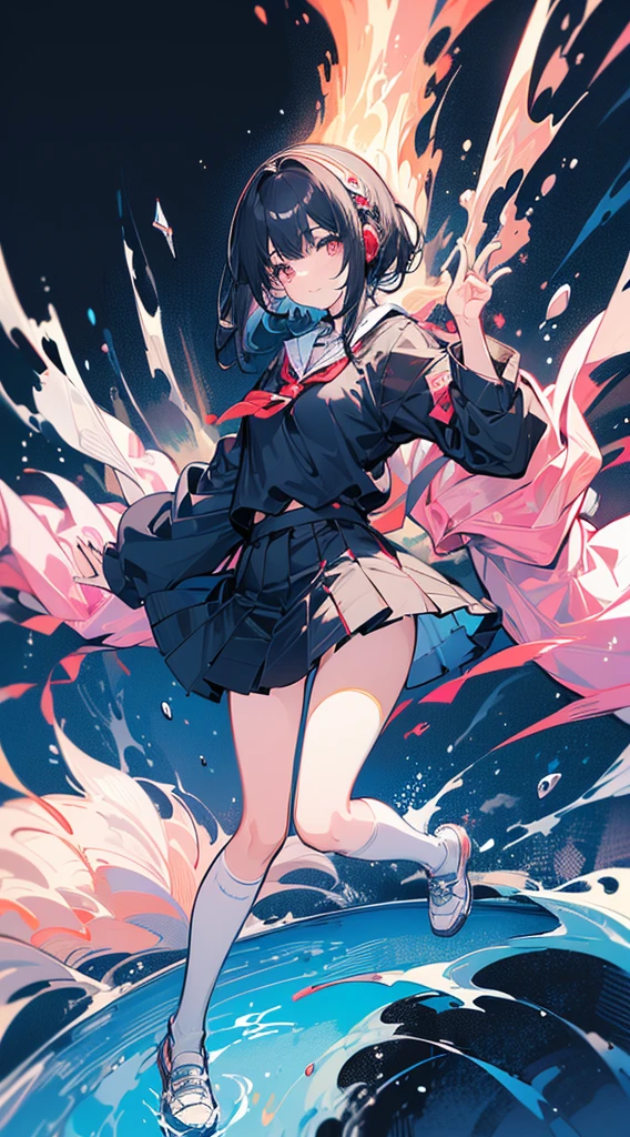 (Top quality illustrations:1.3)、(Cute little girl s:1.0)、(女の子1人:1.0)、(Short black hair:1.0)、(School Uniforms:1.0)、(full body Esbian:1.0)、(ultra-detailliert) 、17 age、If you have headphones、Jumping