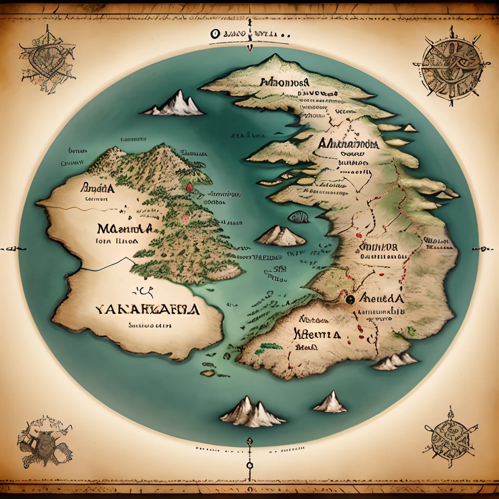 Mapa em folha, mundo, Middle-earth Tokkien World Style, varios continentes pequenos